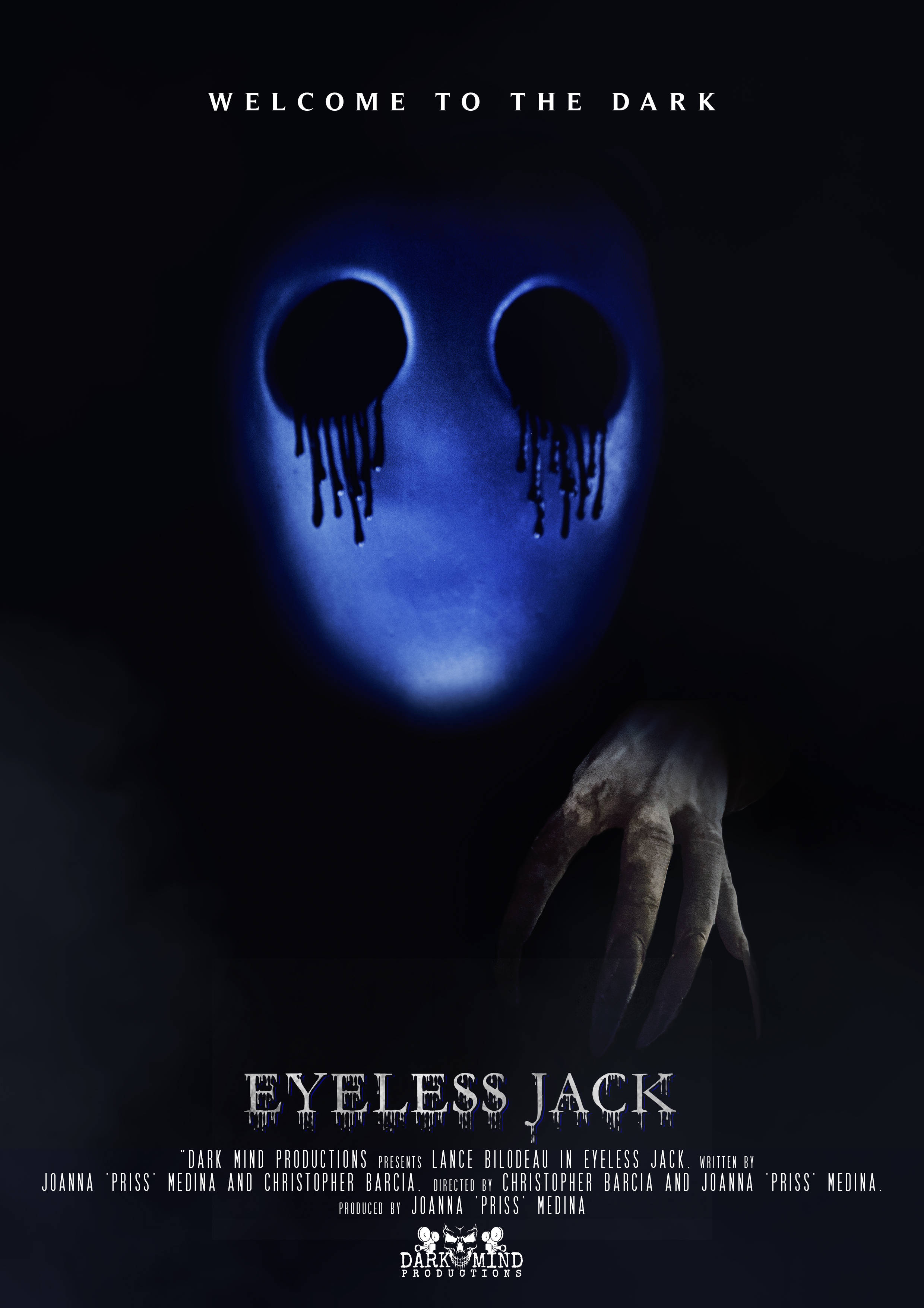 Eyeless Jack, glowing blue eyeless face, dripping holes for eyes, 2K Phone Wallpaper