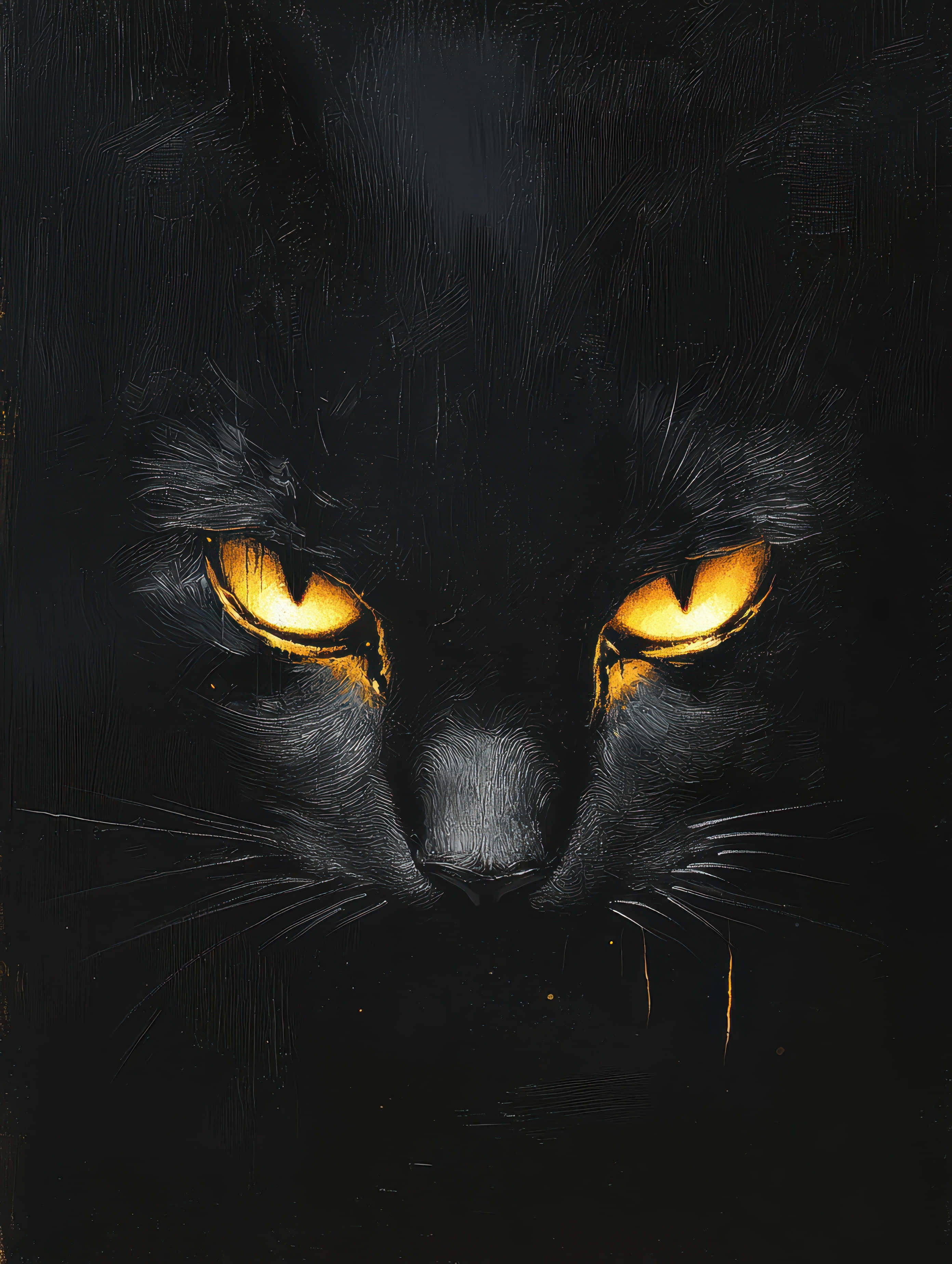 black cat, glowing golden eyes, close-up oil painting, 2K Phone Wallpaper