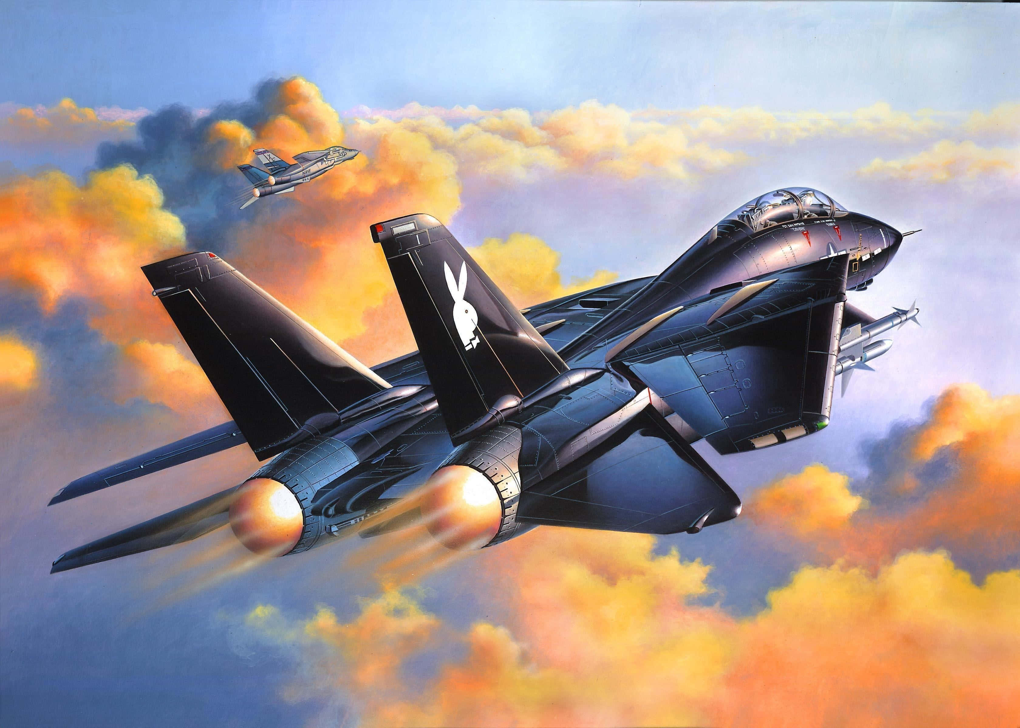 F-14 Fighter Jet, bunny logo, fiery orange clouds, 2K Desktop Wallpaper
