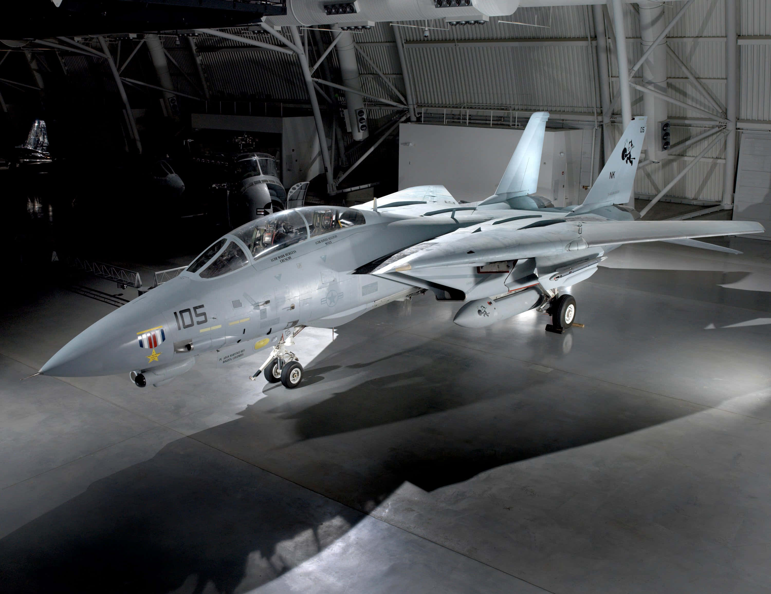 F-14 Fighter Jet, hangar, dimly lit, 2K Desktop Wallpaper