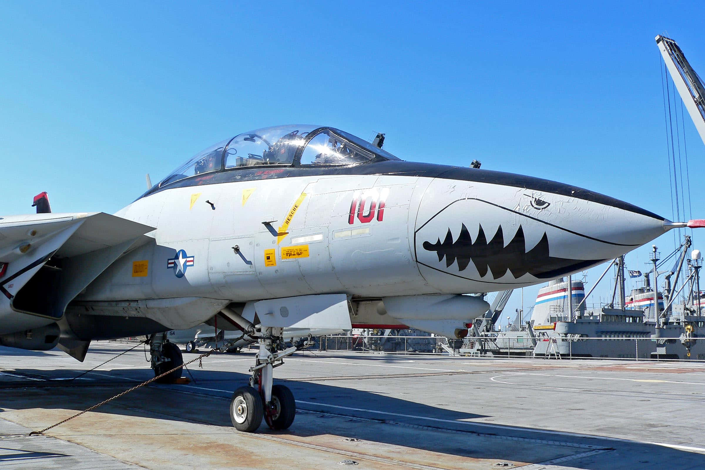 F-14 Fighter Jet, shark mouth, aircraft carrier deck, Full HD Desktop Wallpaper