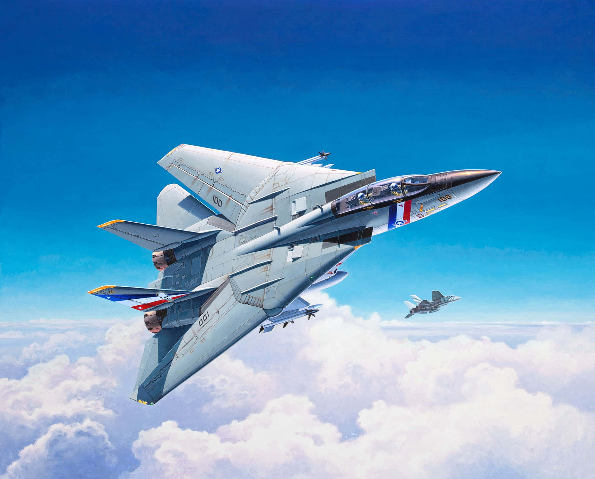F-14 Fighter Jet, clear blue sky, fluffy white clouds, Full HD Desktop Wallpaper