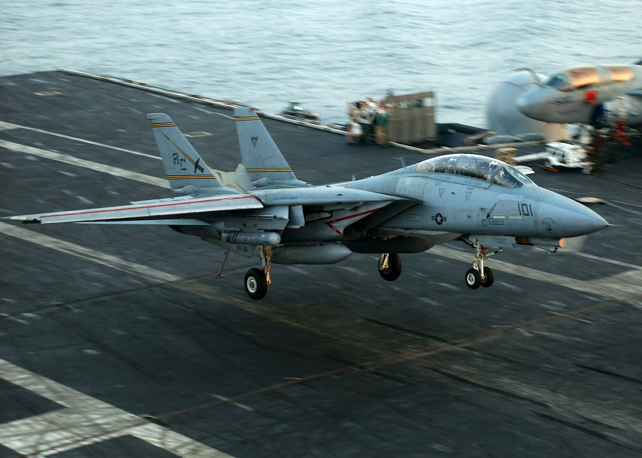 F-14 Fighter Jet, aircraft carrier, ocean waves, Full HD Desktop Wallpaper