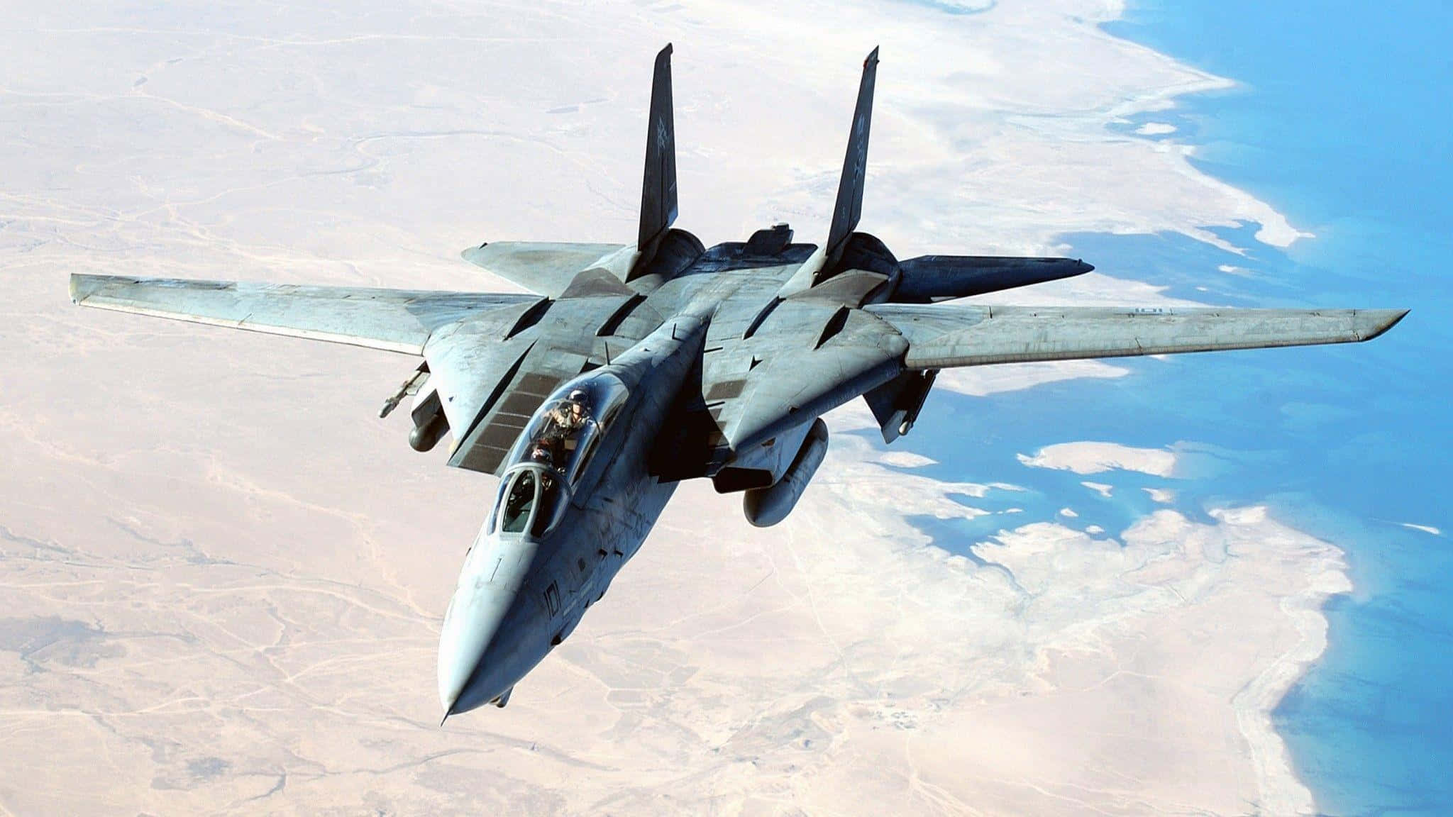 F-14 Fighter Jet, desert coastline, blue water, Full HD Desktop Wallpaper