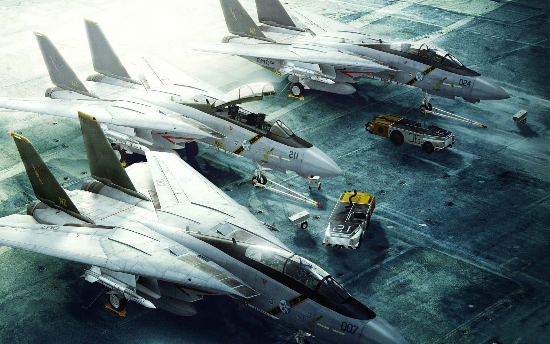 F-14 Fighter Jet, aircraft carrier deck, maintenance vehicles, Full HD Desktop Wallpaper