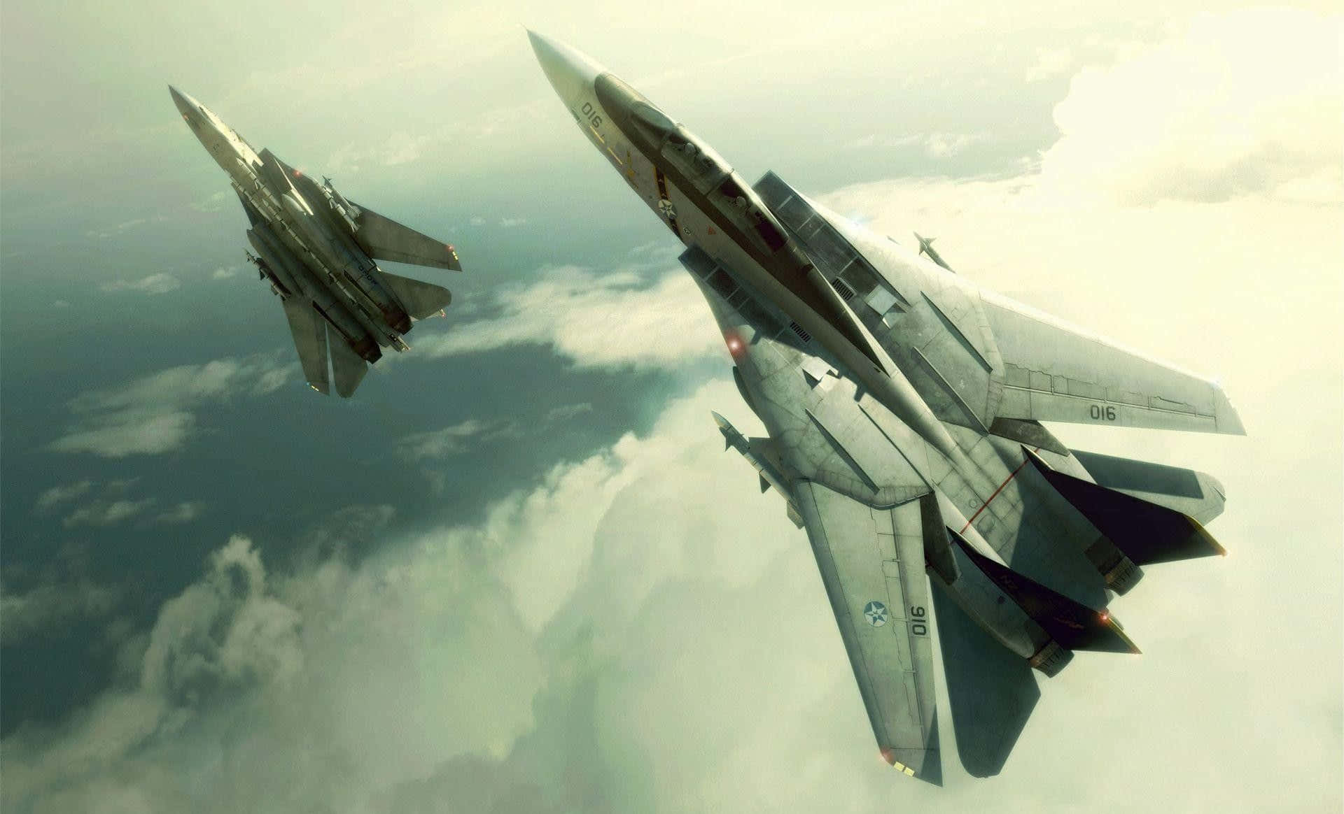 F-14 Fighter Jet, flight formation, cloudy sky, Full HD Desktop Wallpaper