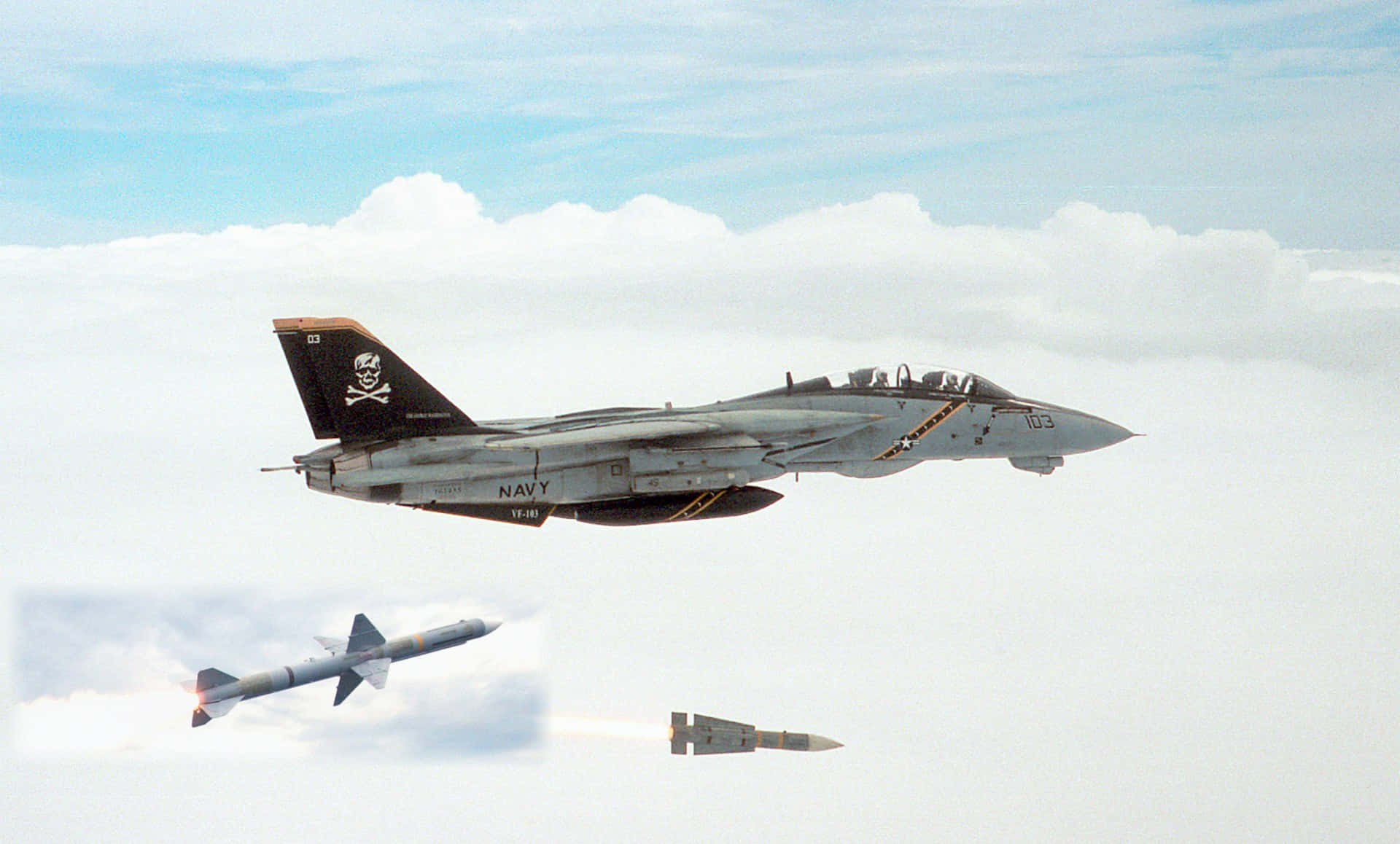 F-14 Fighter Jet, gray, skull and crossbones tail emblem, Full HD Desktop Wallpaper