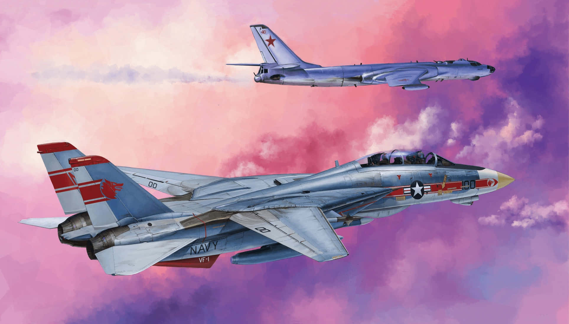 F-14 Fighter Jet, vibrant pink and purple sunset, contrails, Full HD Desktop Wallpaper