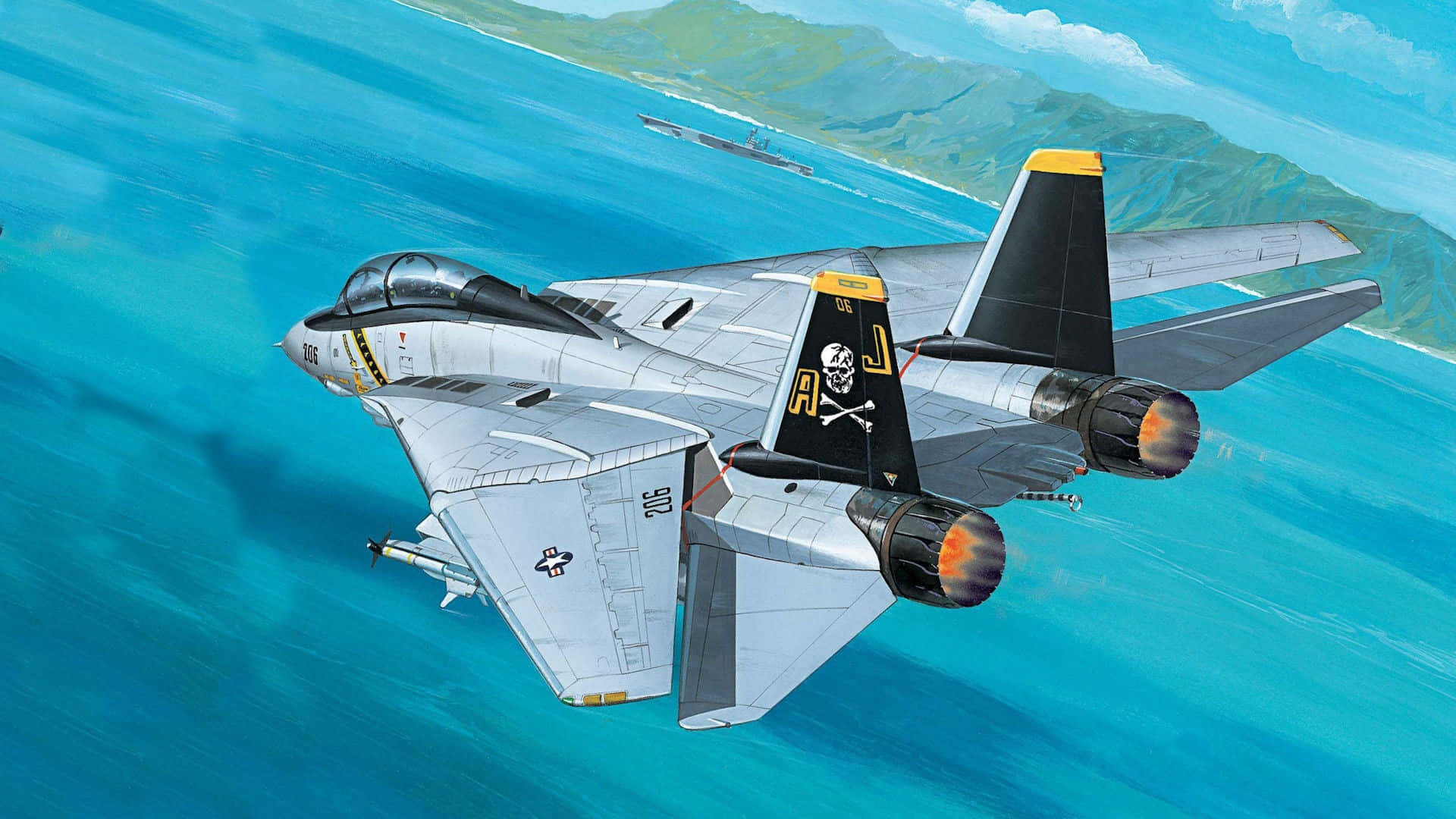 F-14 Fighter Jet, skull markings, turquoise ocean, Full HD Desktop Wallpaper