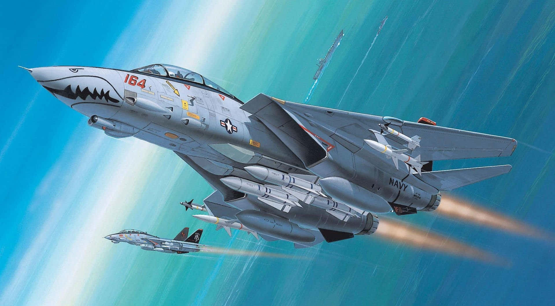 F-14 Fighter Jet, shark mouth paint, afterburners glowing orange, Full HD Desktop Wallpaper