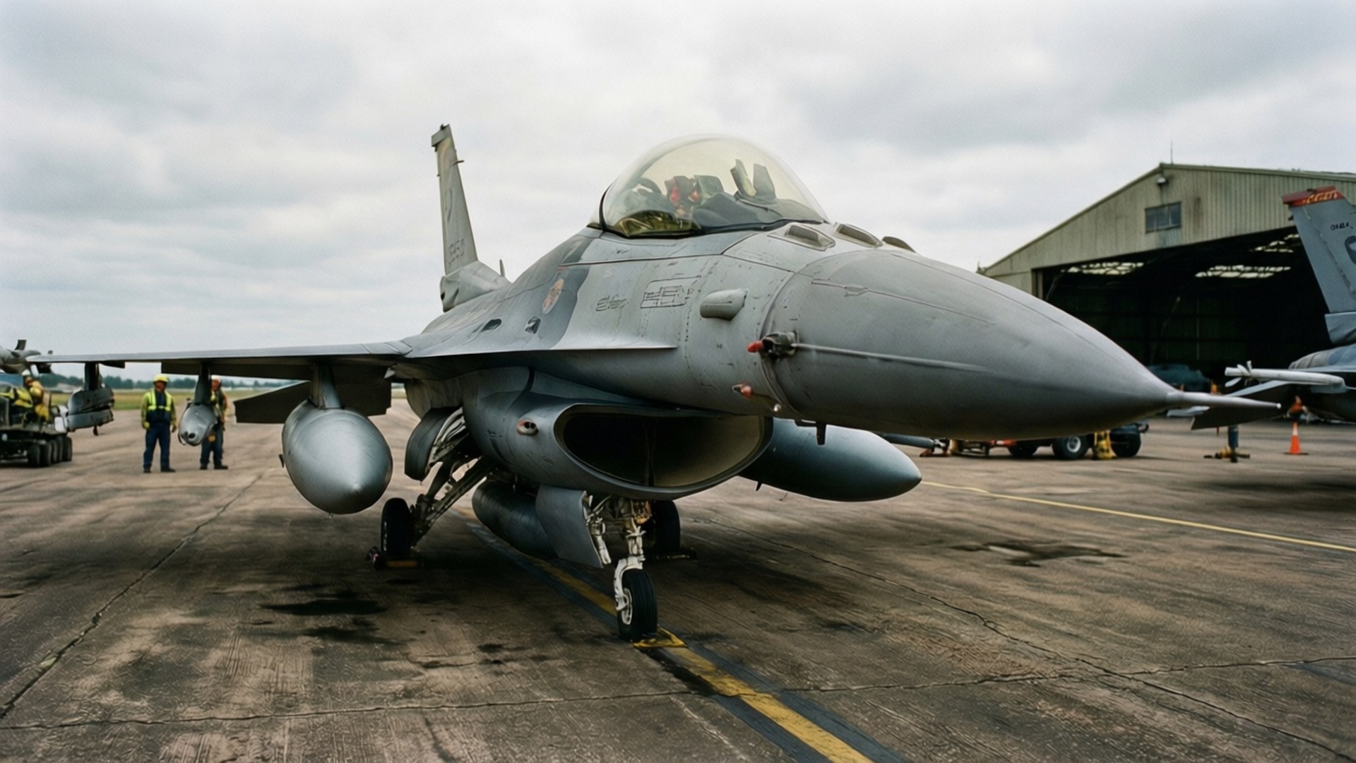 F-16, overcast airbase, ground crew, Full HD Desktop Wallpaper