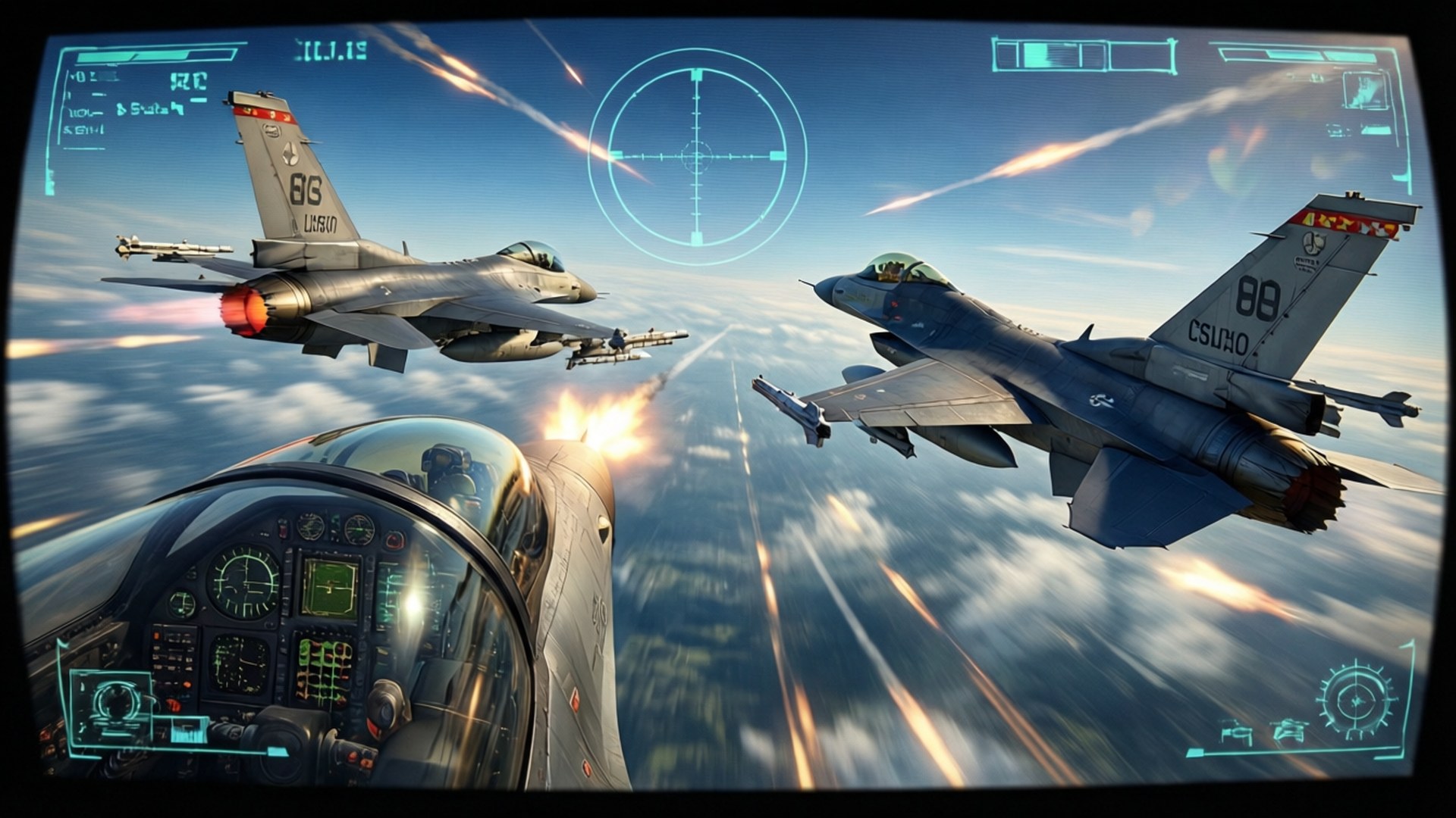 F-16, dogfight, cockpit perspective, Full HD Desktop Wallpaper