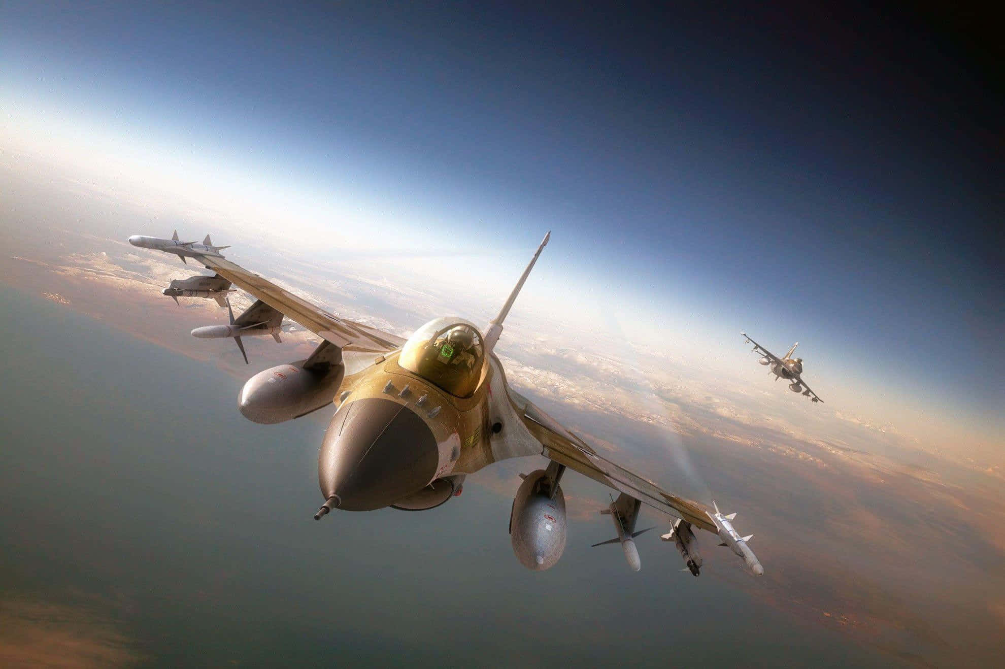F-16, formation flight, clear blue sky, Full HD Desktop Wallpaper