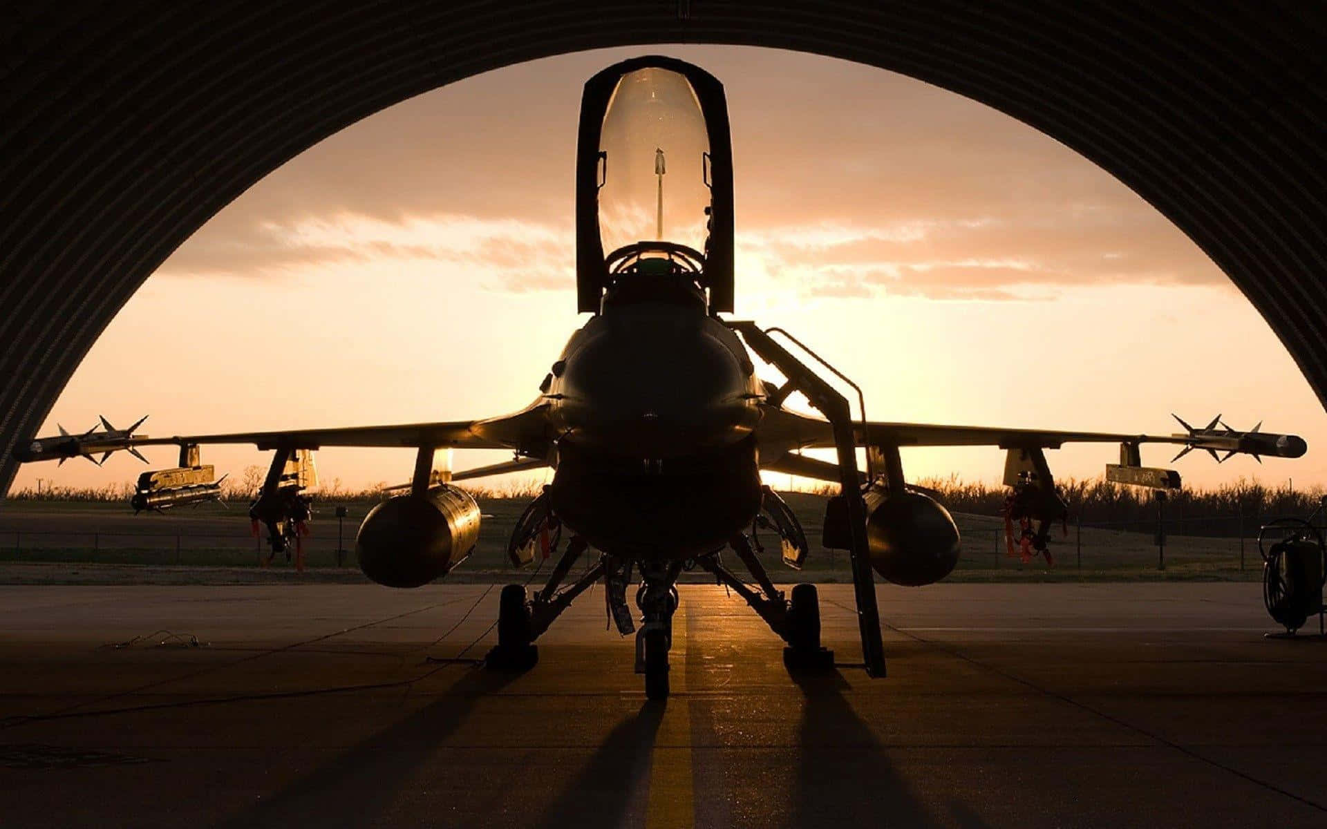 F-16, sunset, hangar archway, Full HD Desktop Wallpaper