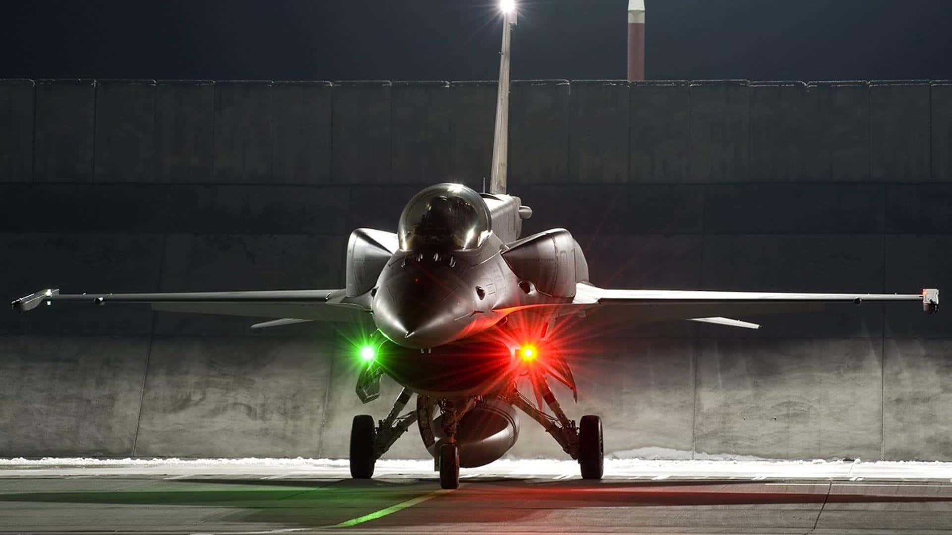 F-16, night runway, snowy tarmac, Full HD Desktop Wallpaper