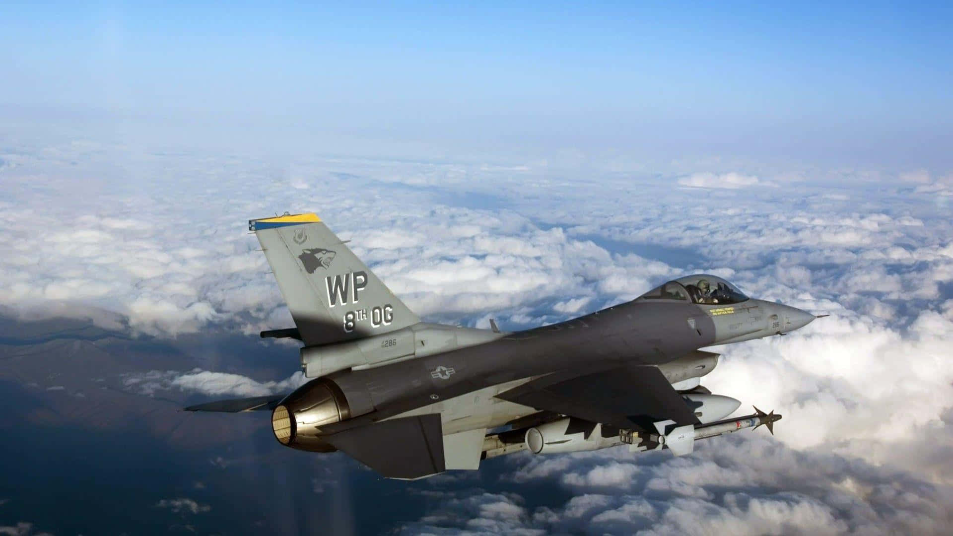 F-16, gray, fluffy white clouds, Full HD Desktop Wallpaper