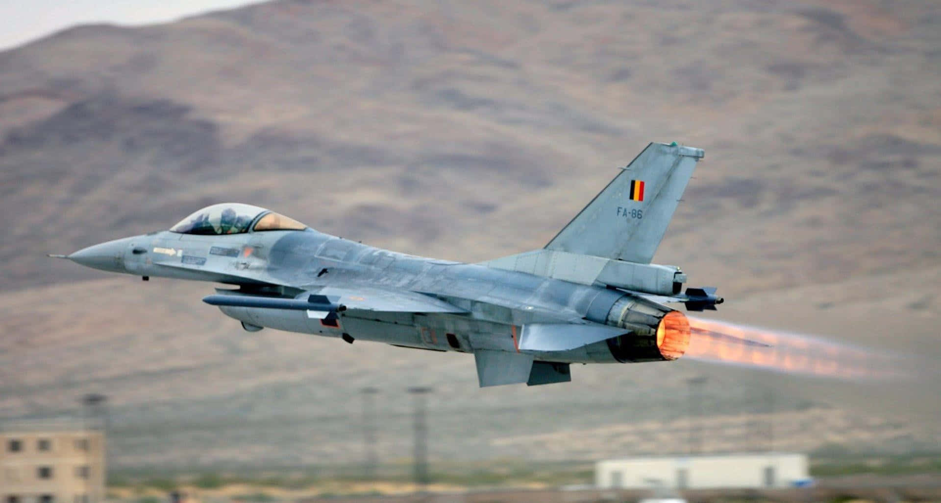 F-16, afterburner flames, arid hills, Full HD Desktop Wallpaper