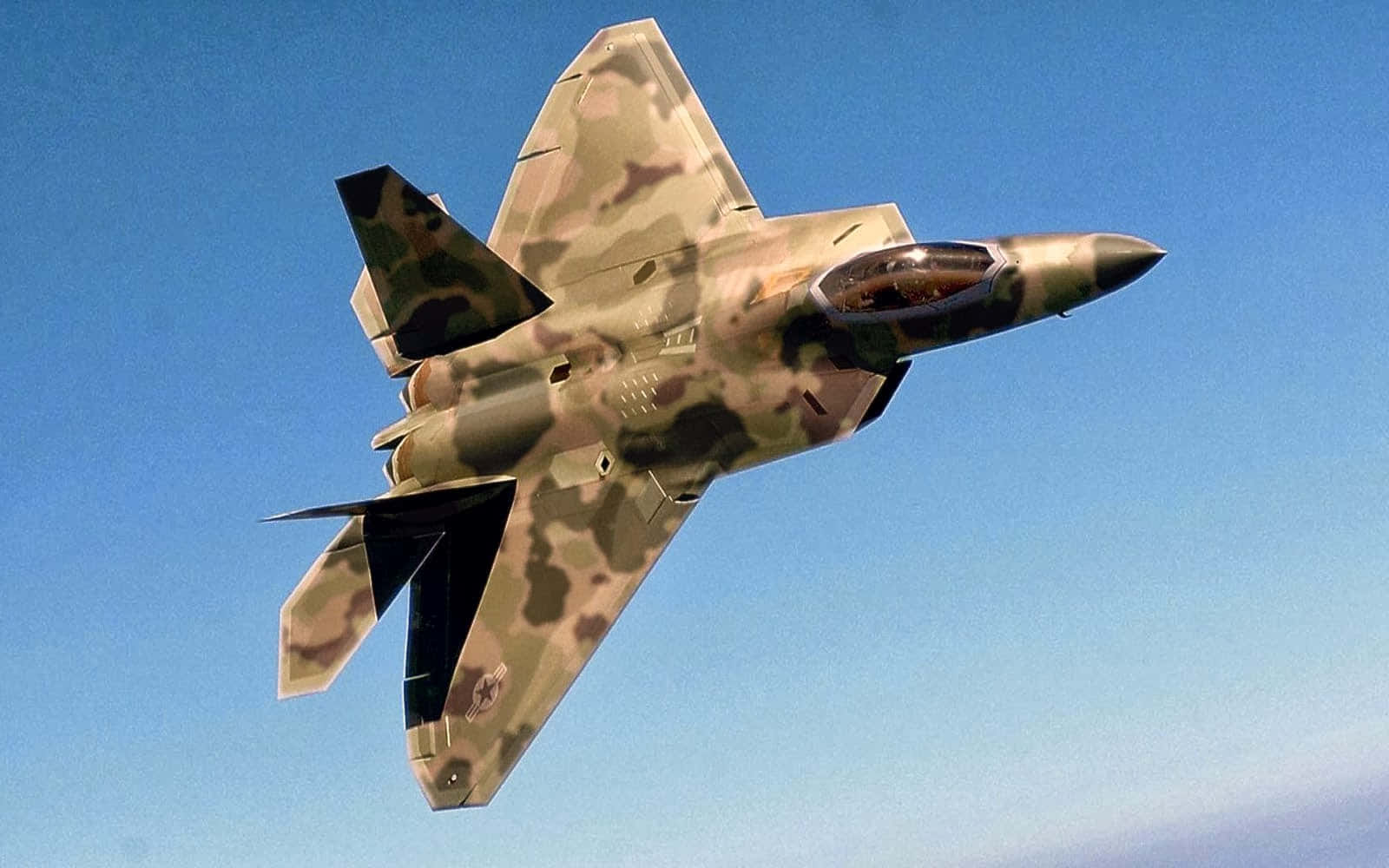 F 22 Raptor, camouflaged fighter jet, clear blue sky, HD Desktop Wallpaper
