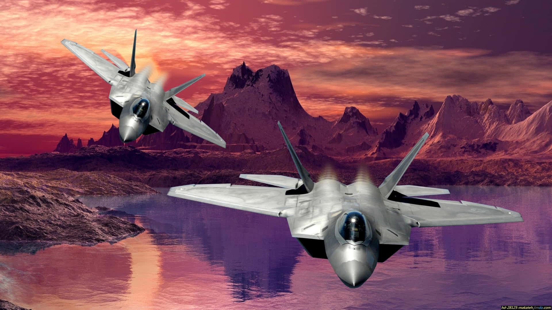 F 22 Raptor, alien lake, fiery sunset sky, Full HD Desktop Wallpaper