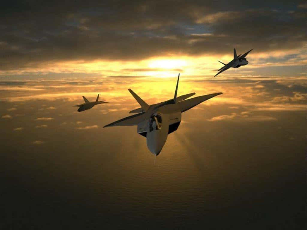 F-22 Raptor, golden sunset, calm ocean, SD Desktop Wallpaper