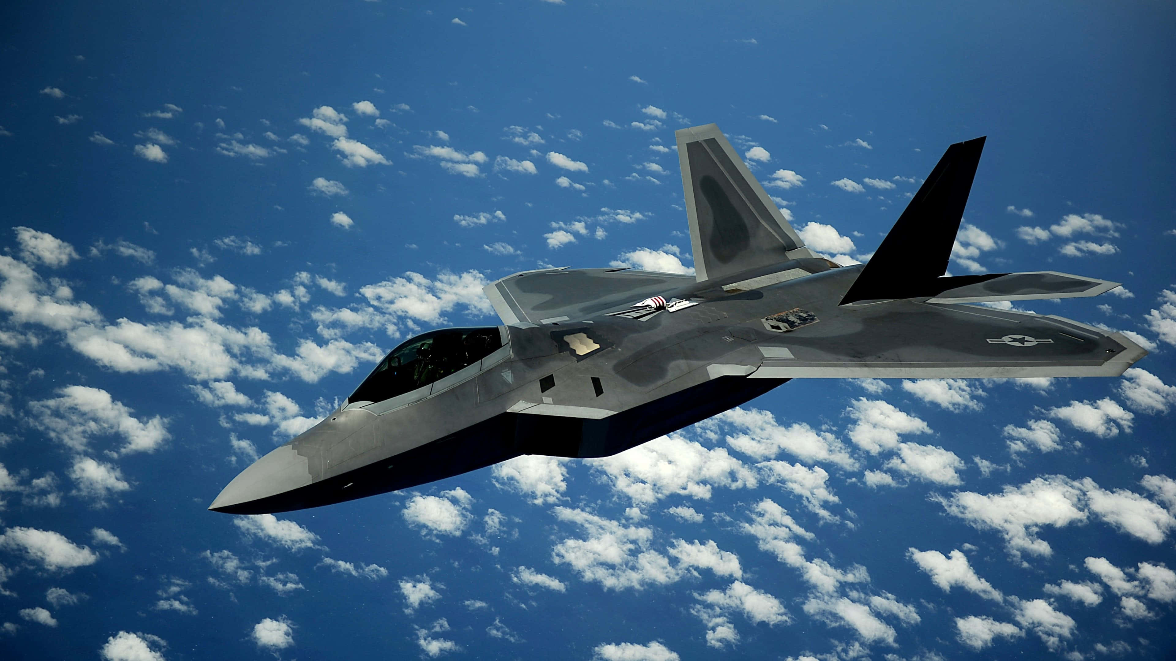 F-22 Raptor, sleek gray fighter jet, fluffy white clouds, 4K Desktop Wallpaper