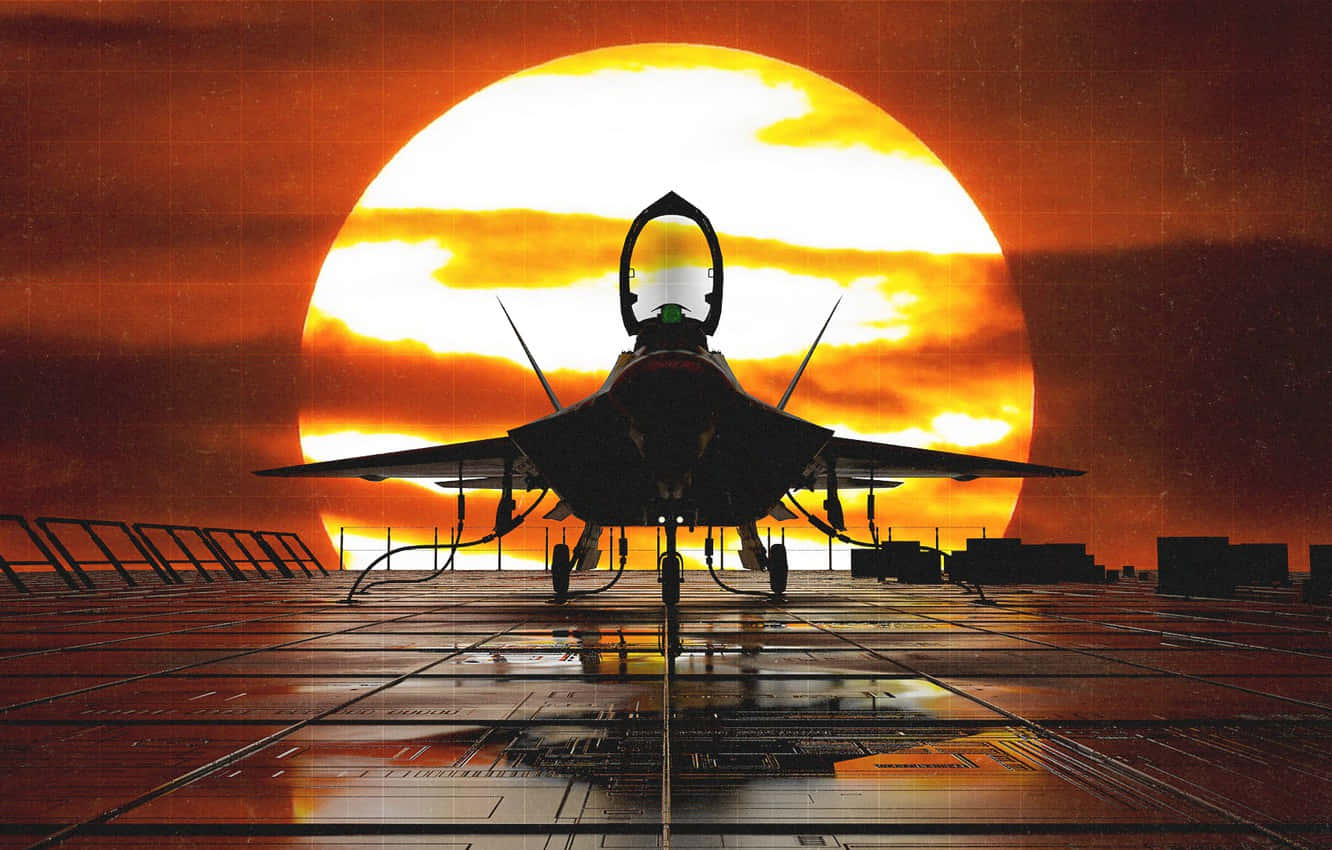 F-22 Raptor, fiery sunset, wet aircraft carrier deck, HD Desktop Wallpaper
