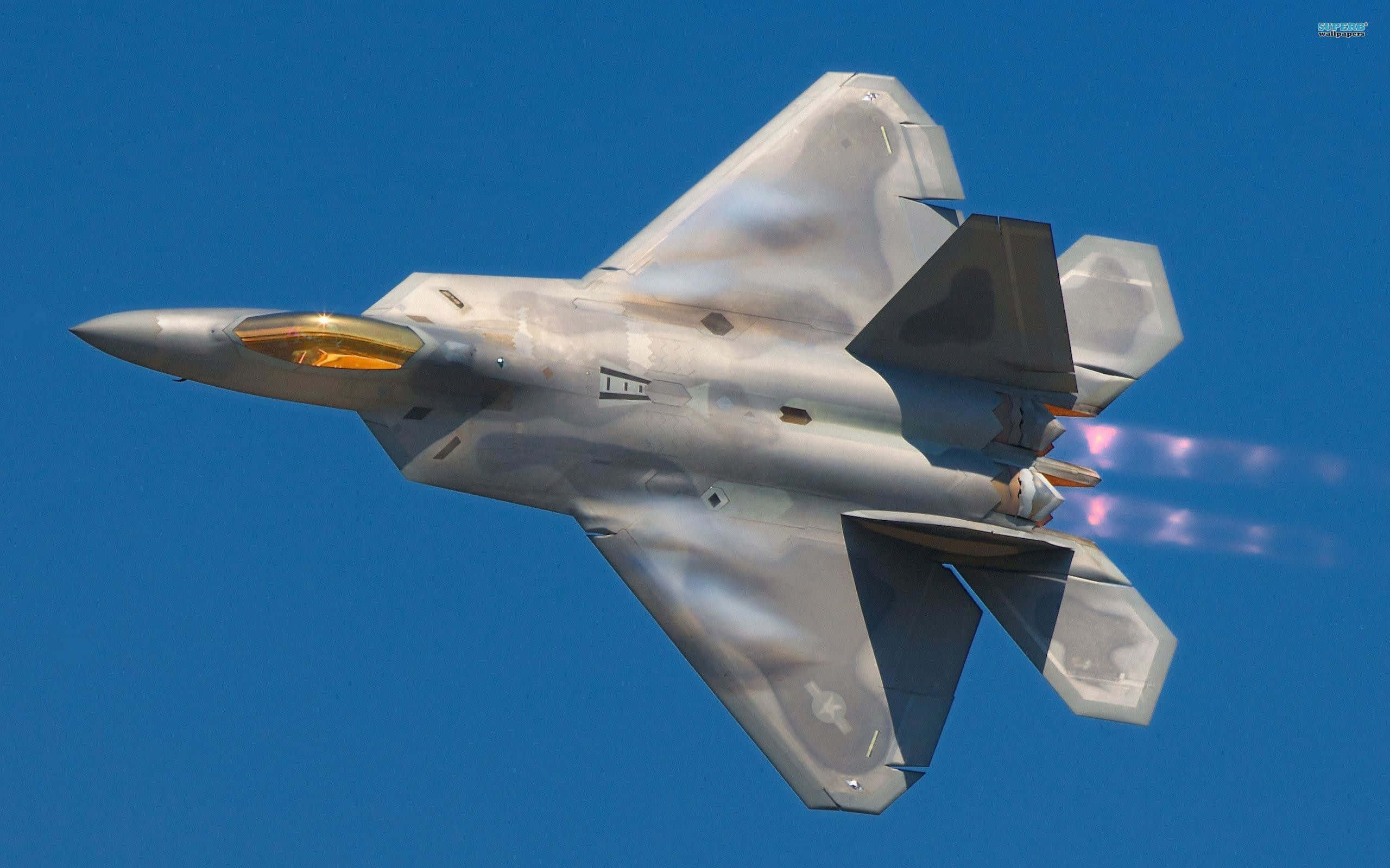 F 22 Raptor, gray, clear blue sky, 2K Desktop Wallpaper