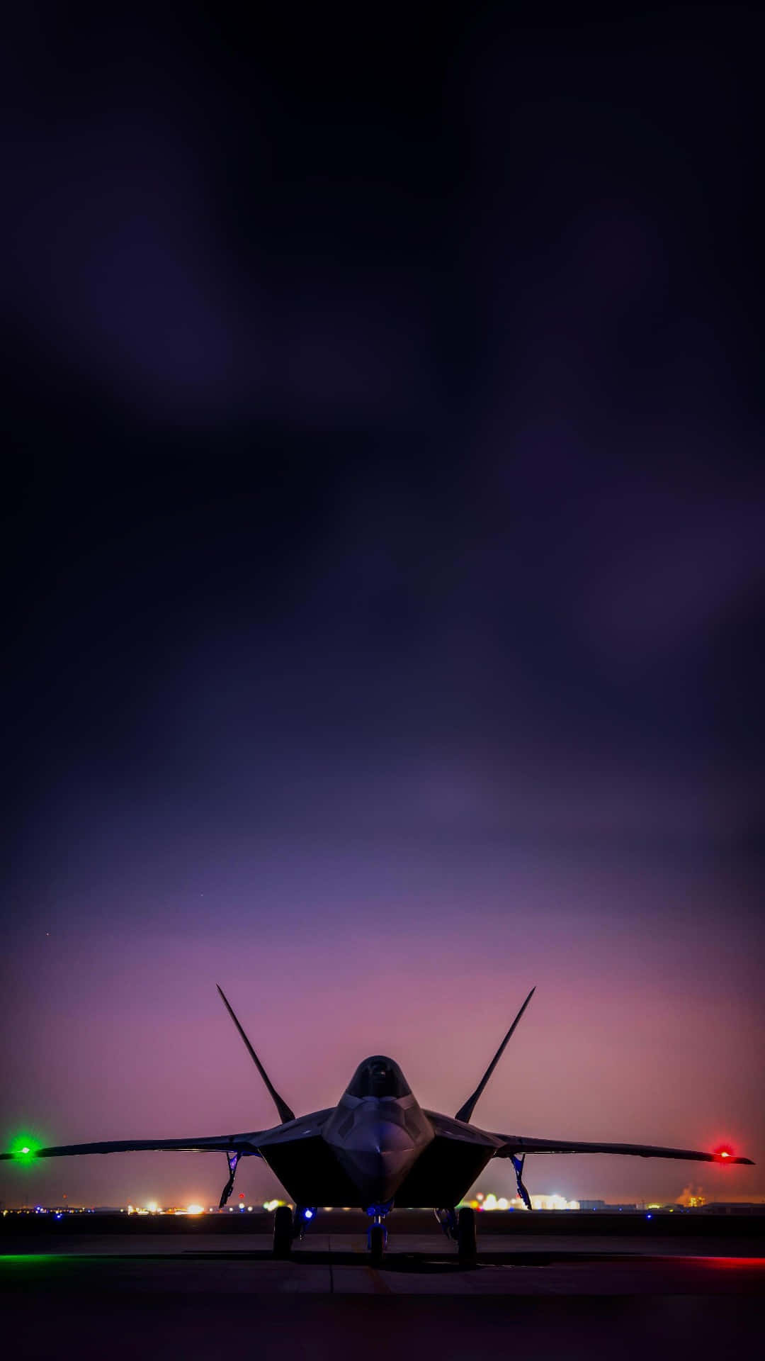 F 22 Raptor, twilight sky, glowing runway lights, Full HD Phone Wallpaper