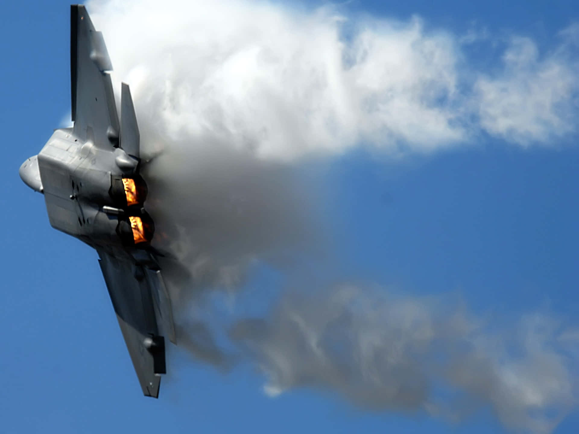F-22 Raptor, clear blue sky, fiery afterburners, Full HD Desktop Wallpaper