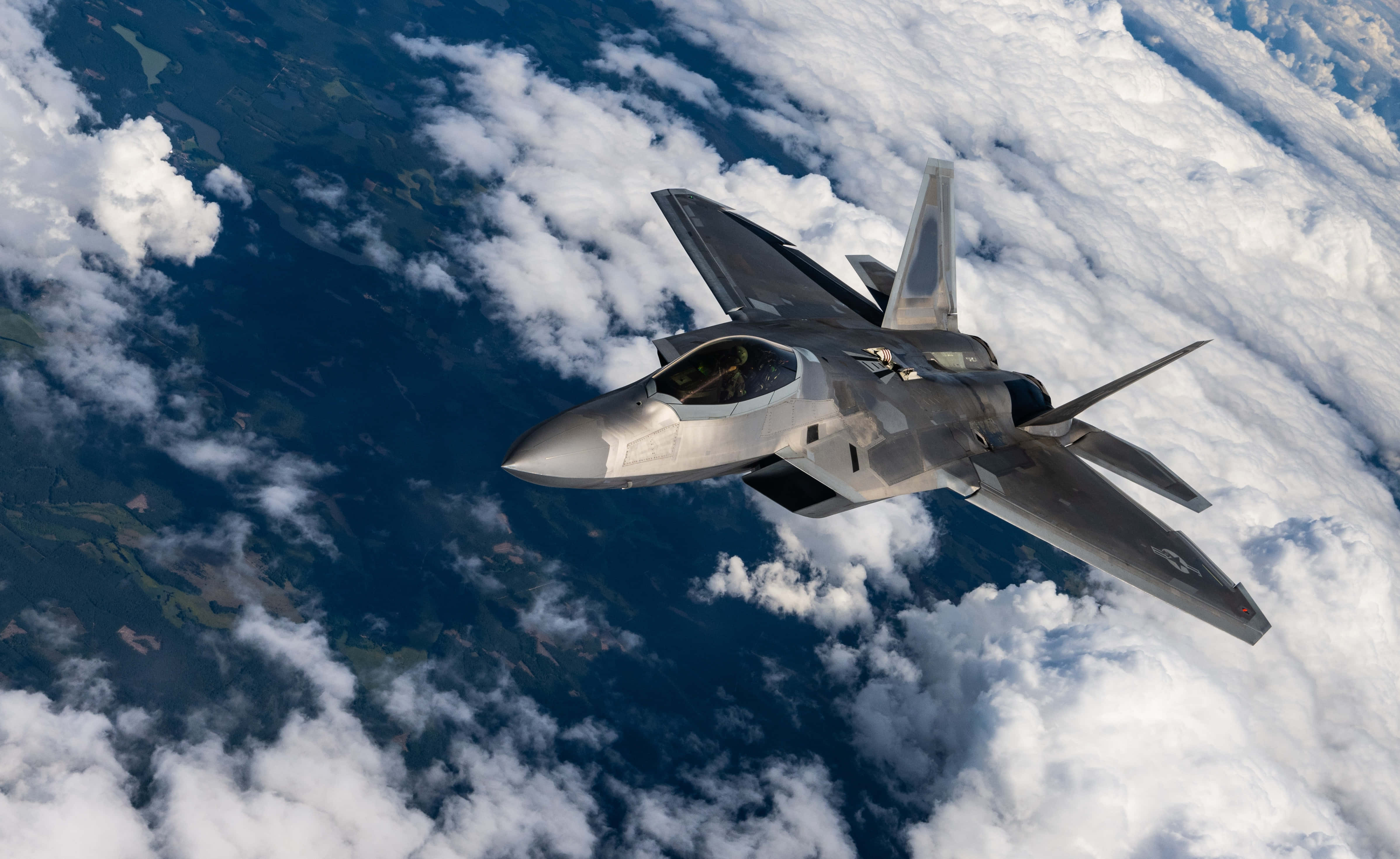 F 22 Raptor, gray, fluffy white clouds, 4K Desktop Wallpaper