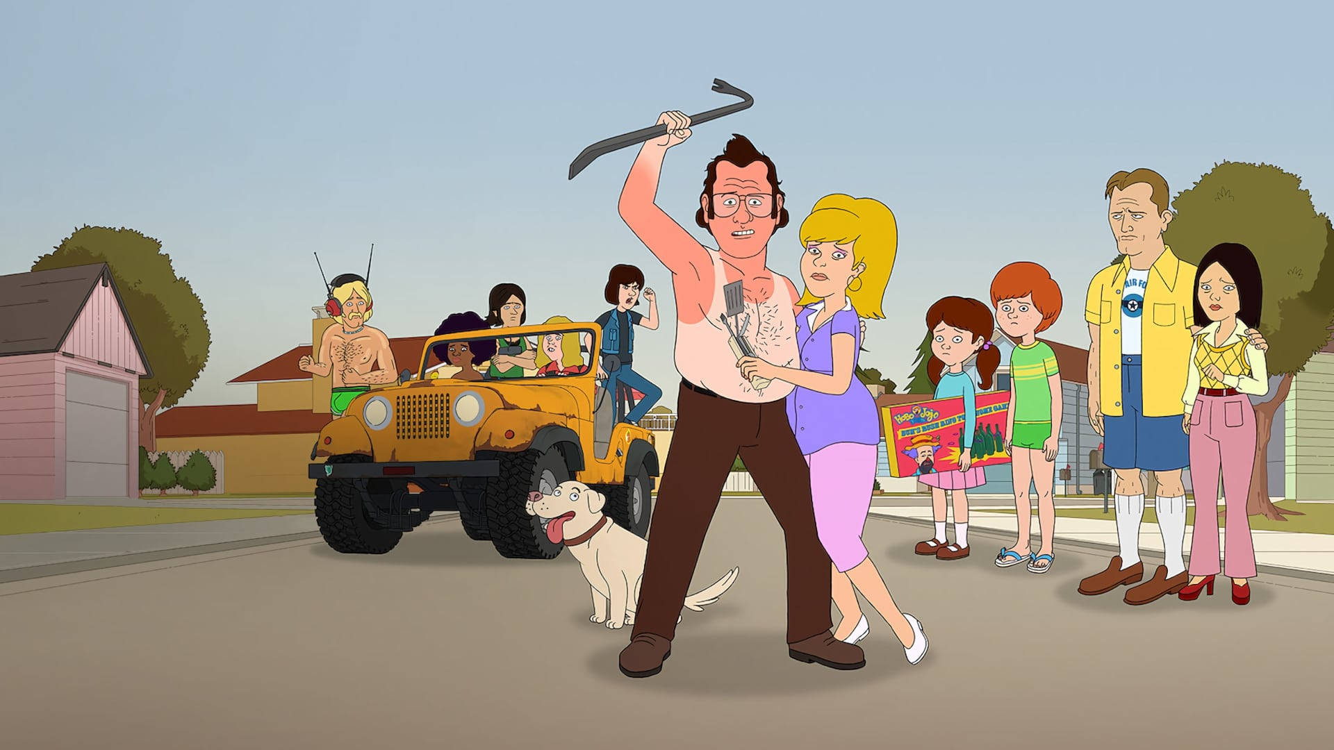 F Is For Family, crowbar, yellow jeep, Full HD Desktop Wallpaper