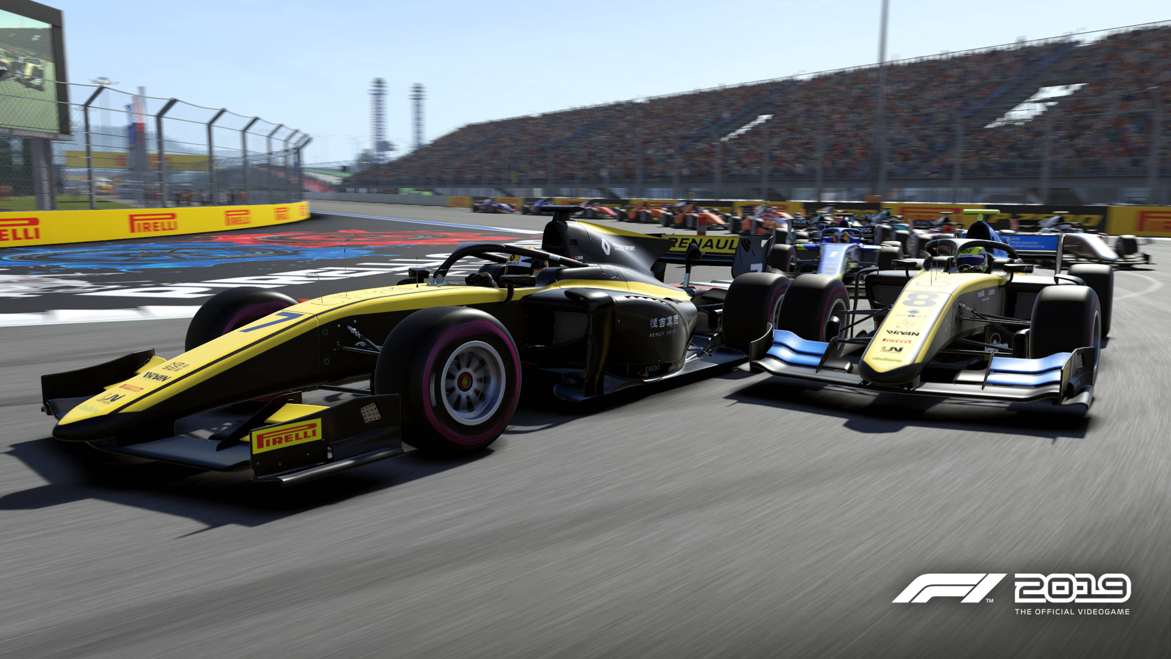 F1 2019, yellow and black Formula 1 cars, sunlit track, 4K Desktop Wallpaper