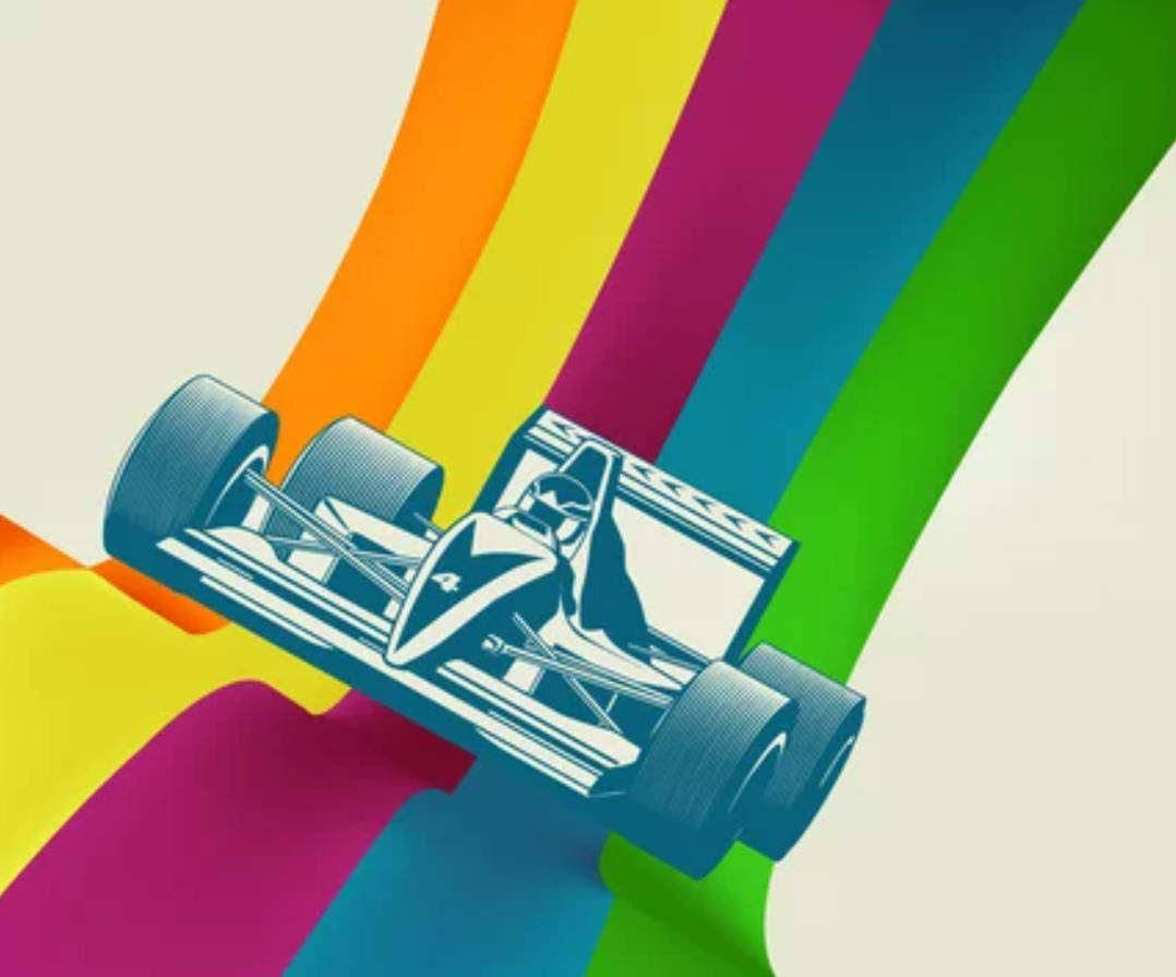 Rainbow F1 4K, blue race car, vibrant rainbow stripes, SD Desktop Wallpaper