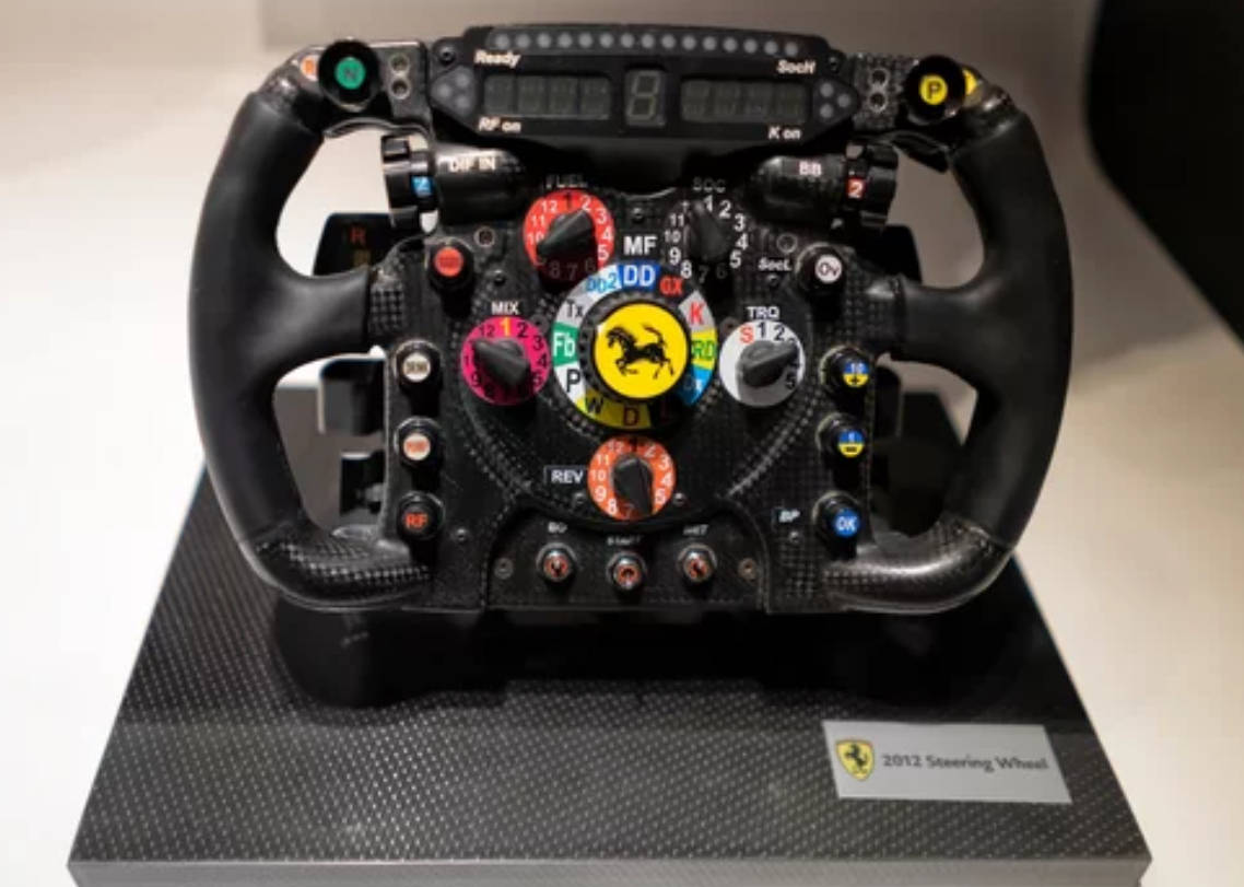 2012 Ferrari Formula 1 steering wheel, carbon fiber texture, colorful control buttons, SD Desktop Wallpaper