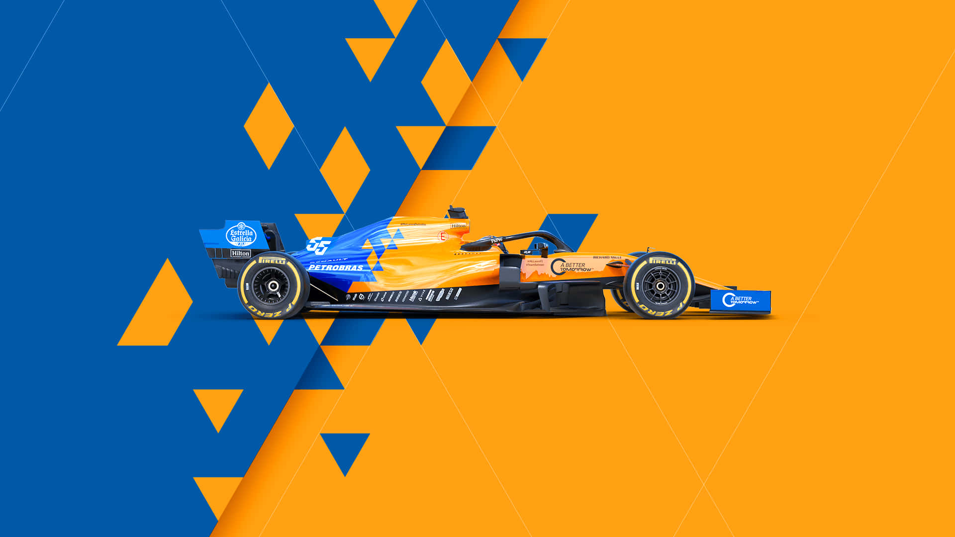 F1 Game, geometric diamond patterns, orange and blue Formula 1 car, Full HD Desktop Wallpaper
