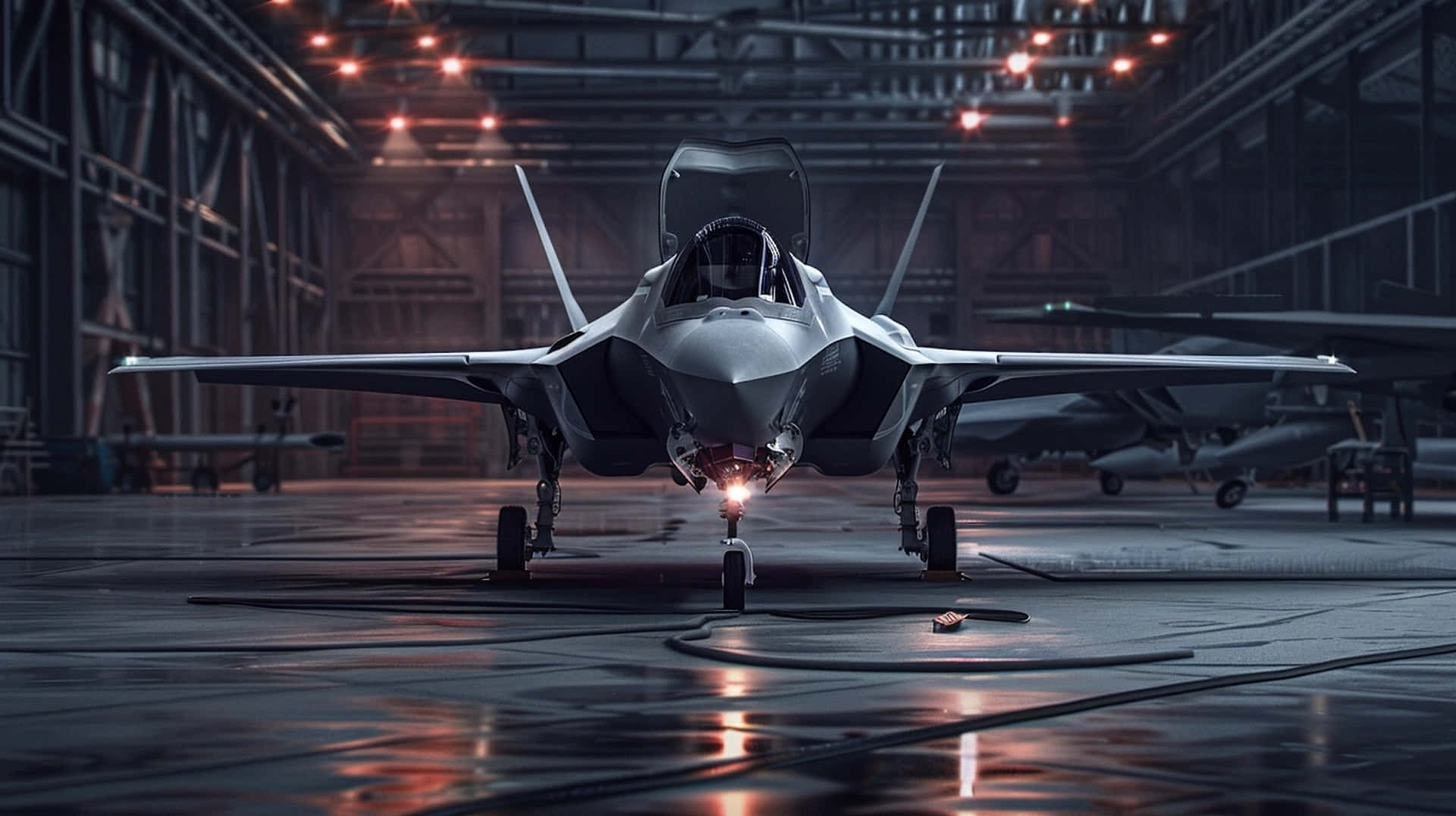 F35, fighter jet, dimly lit hangar, Full HD Desktop Wallpaper