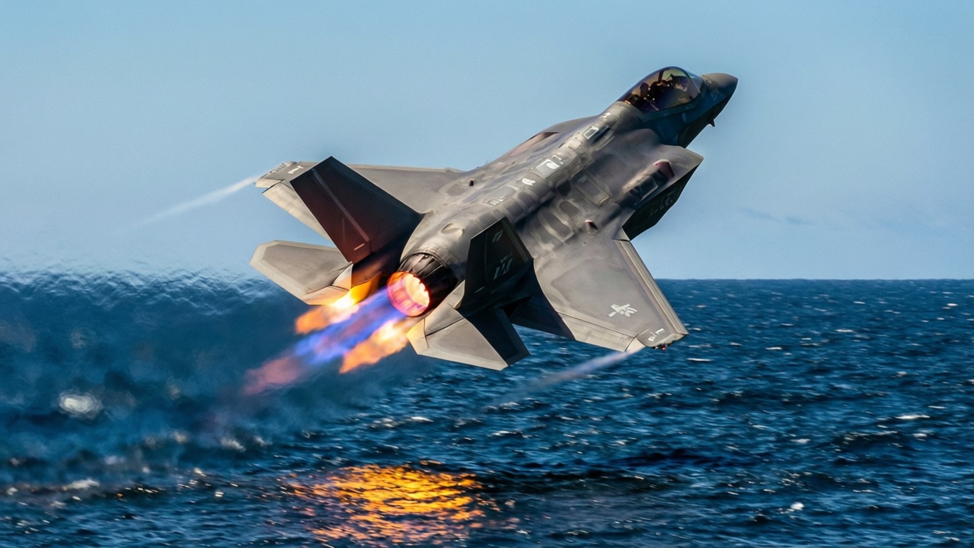 F-35, afterburner flames, ocean, Full HD Desktop Wallpaper