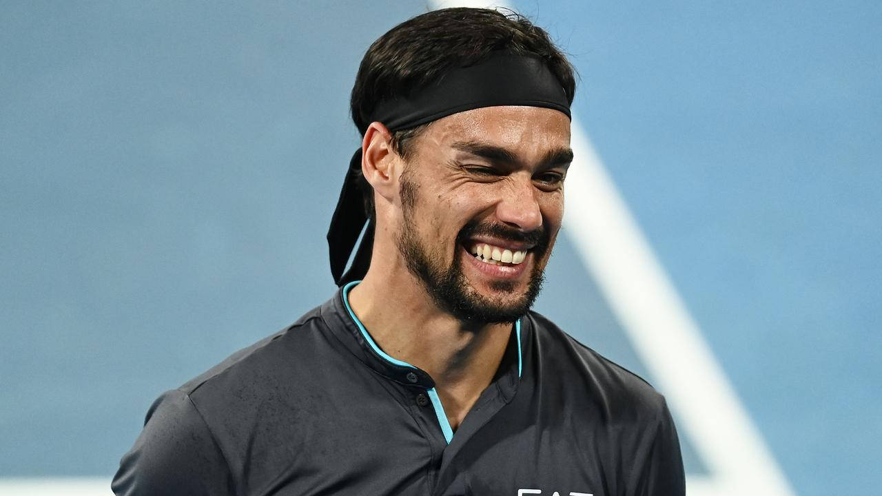 Fabio Fognini, blue court, white lines, HD Desktop Wallpaper
