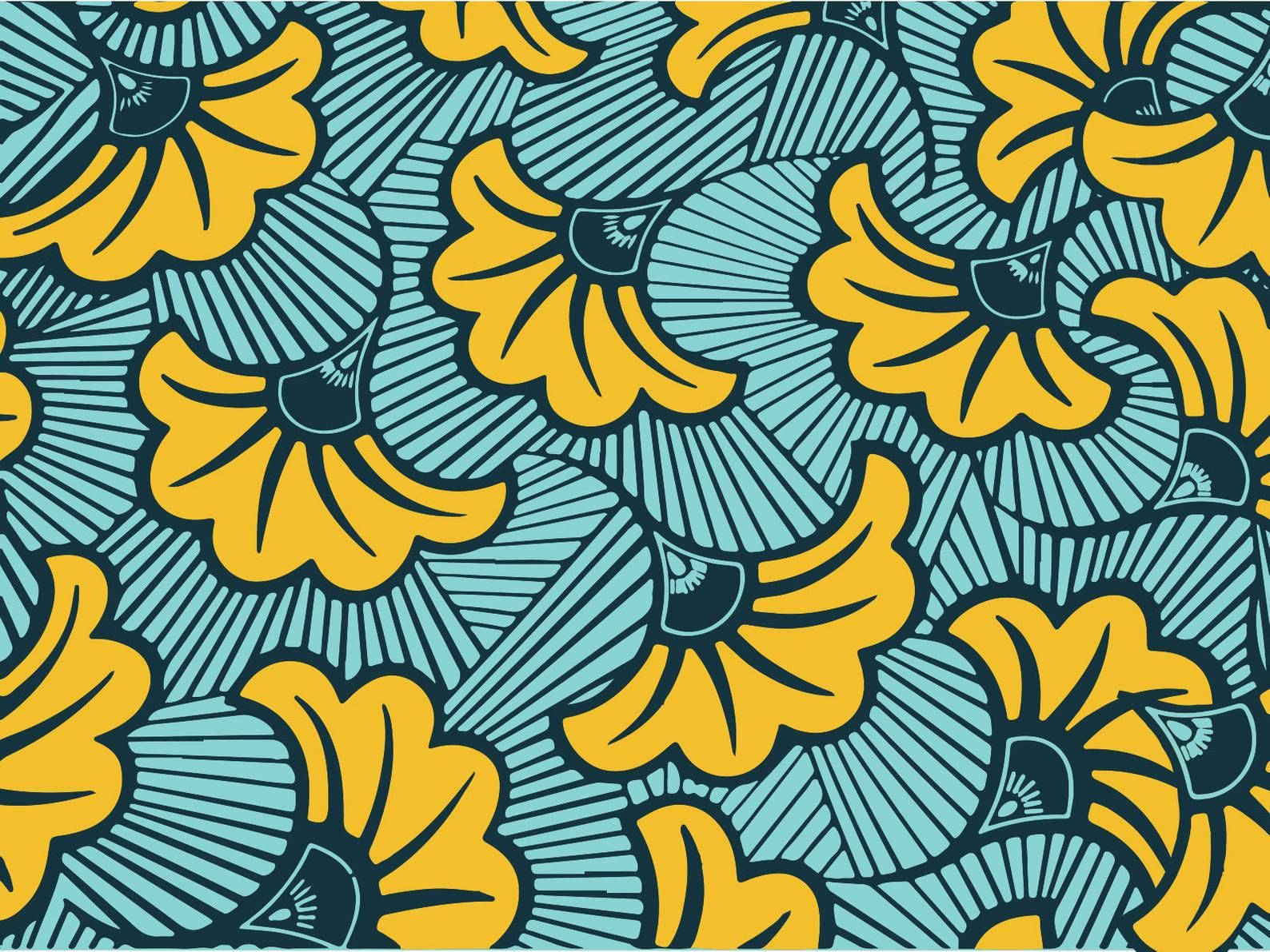 yellow and blue wax fabric, vibrant yellow floral shapes, radiating teal lines, HD Desktop Wallpaper