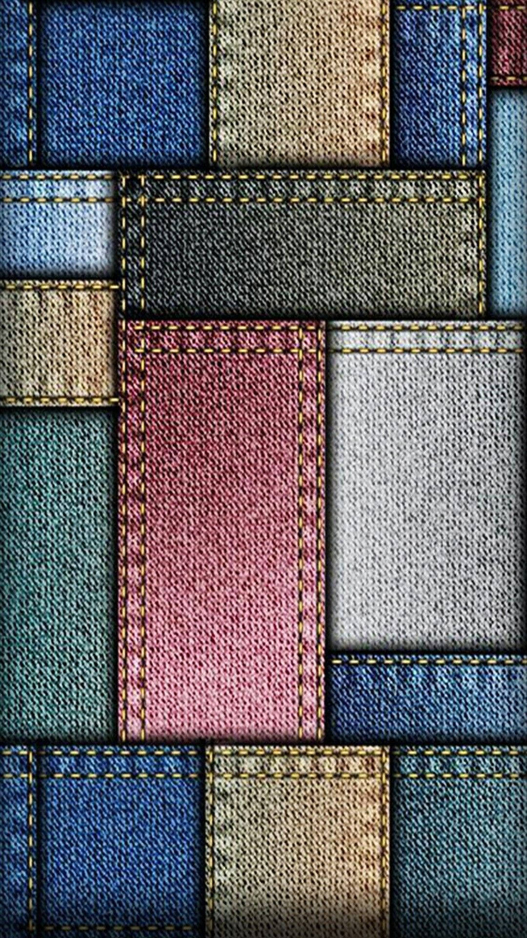 denim fabric squares, varied hues, golden thread, Full HD Phone Wallpaper