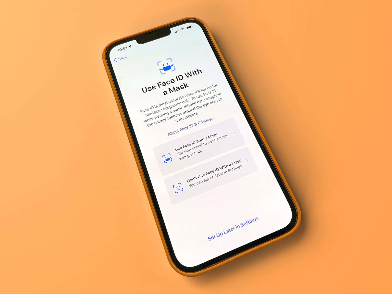 Face ID, orange case, solid orange background, HD Desktop Wallpaper
