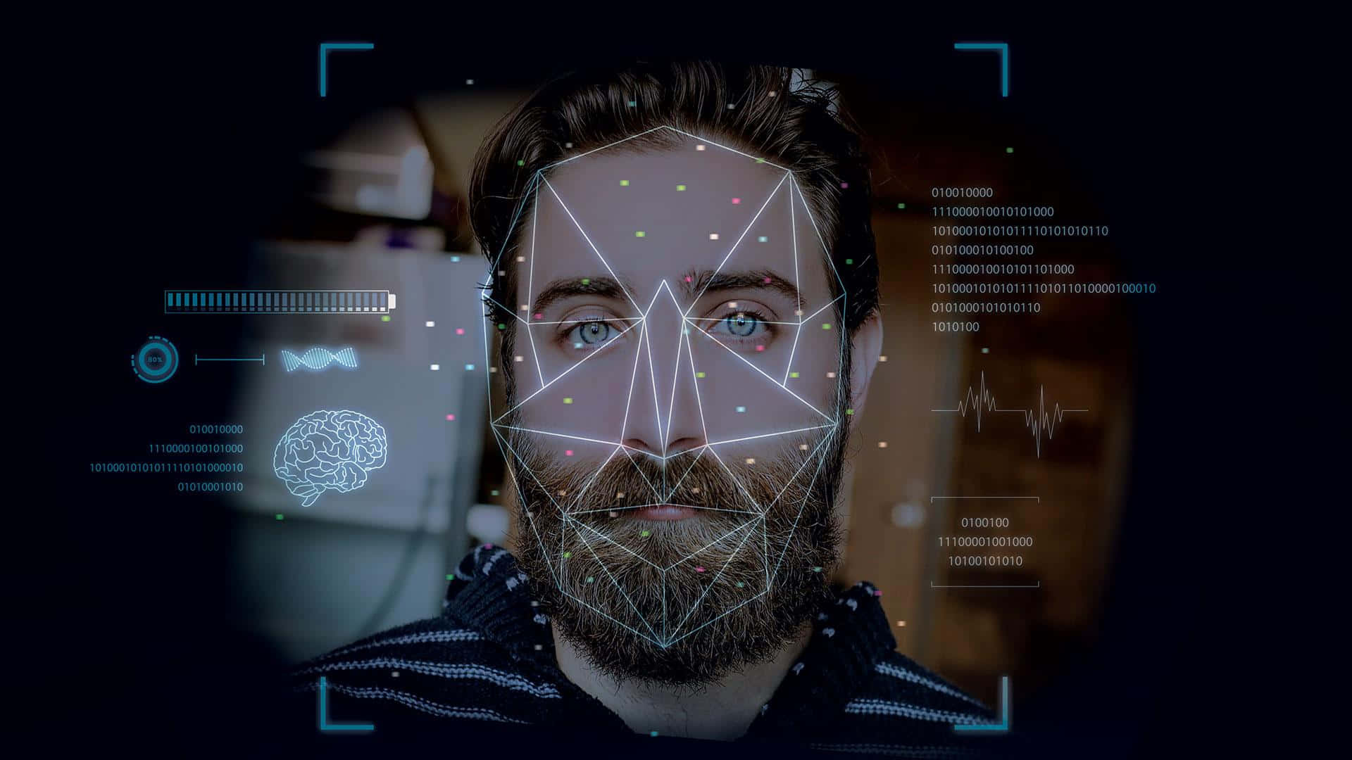 Face Recognition, glowing blue digital overlays, biometric data, Full HD Desktop Wallpaper