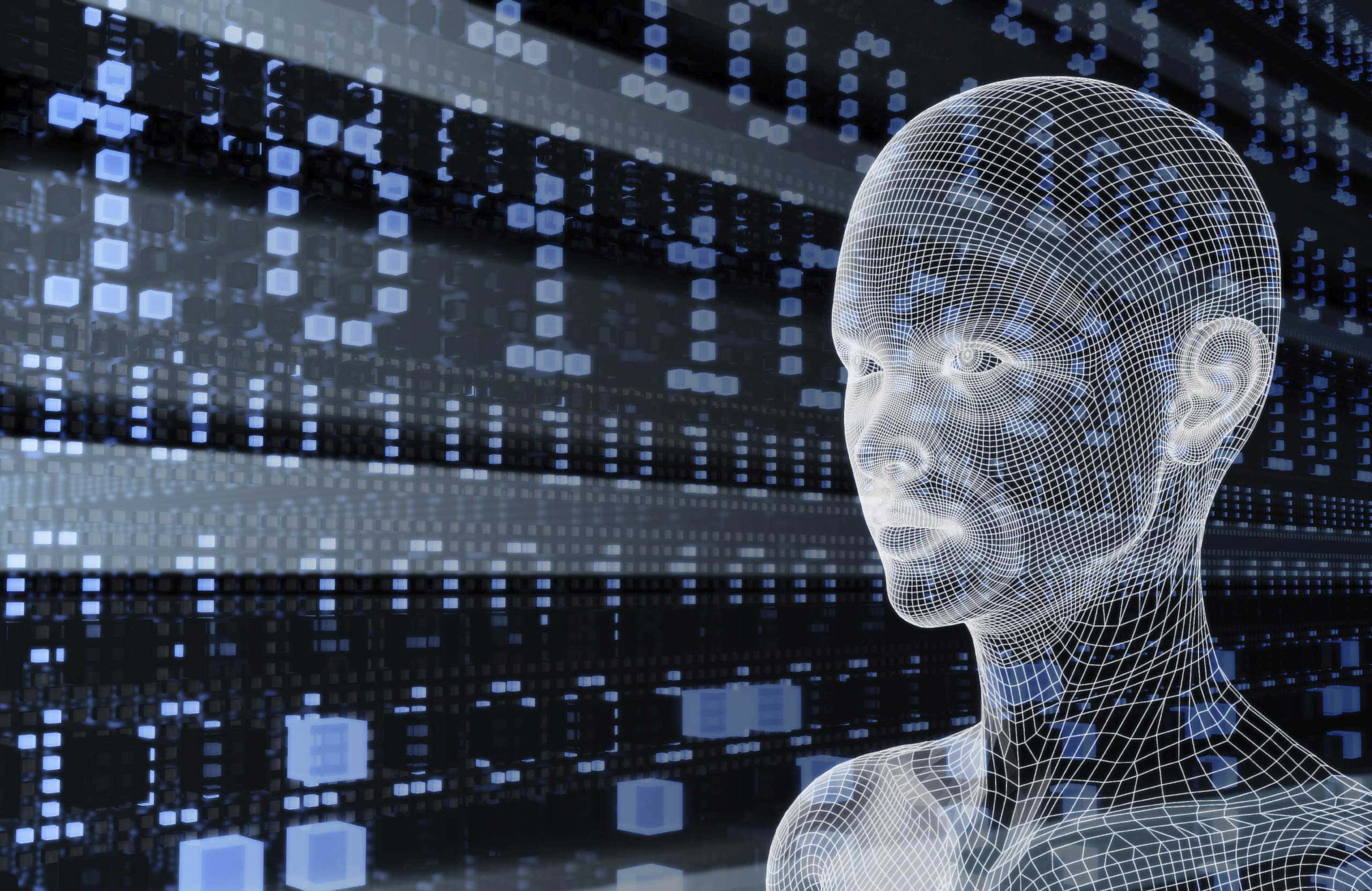 Face Recognition Technology, wireframe human head, cascading digital code, 2K Desktop Wallpaper