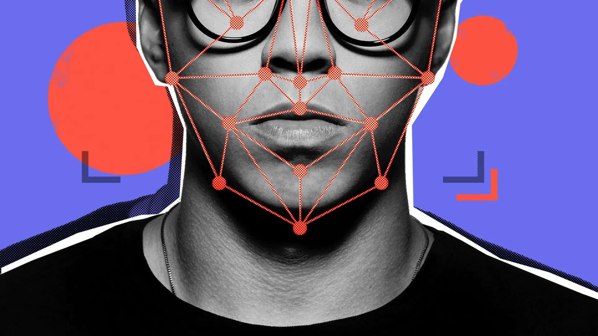 face recognition, red geometric grid, glasses, Full HD Desktop Wallpaper