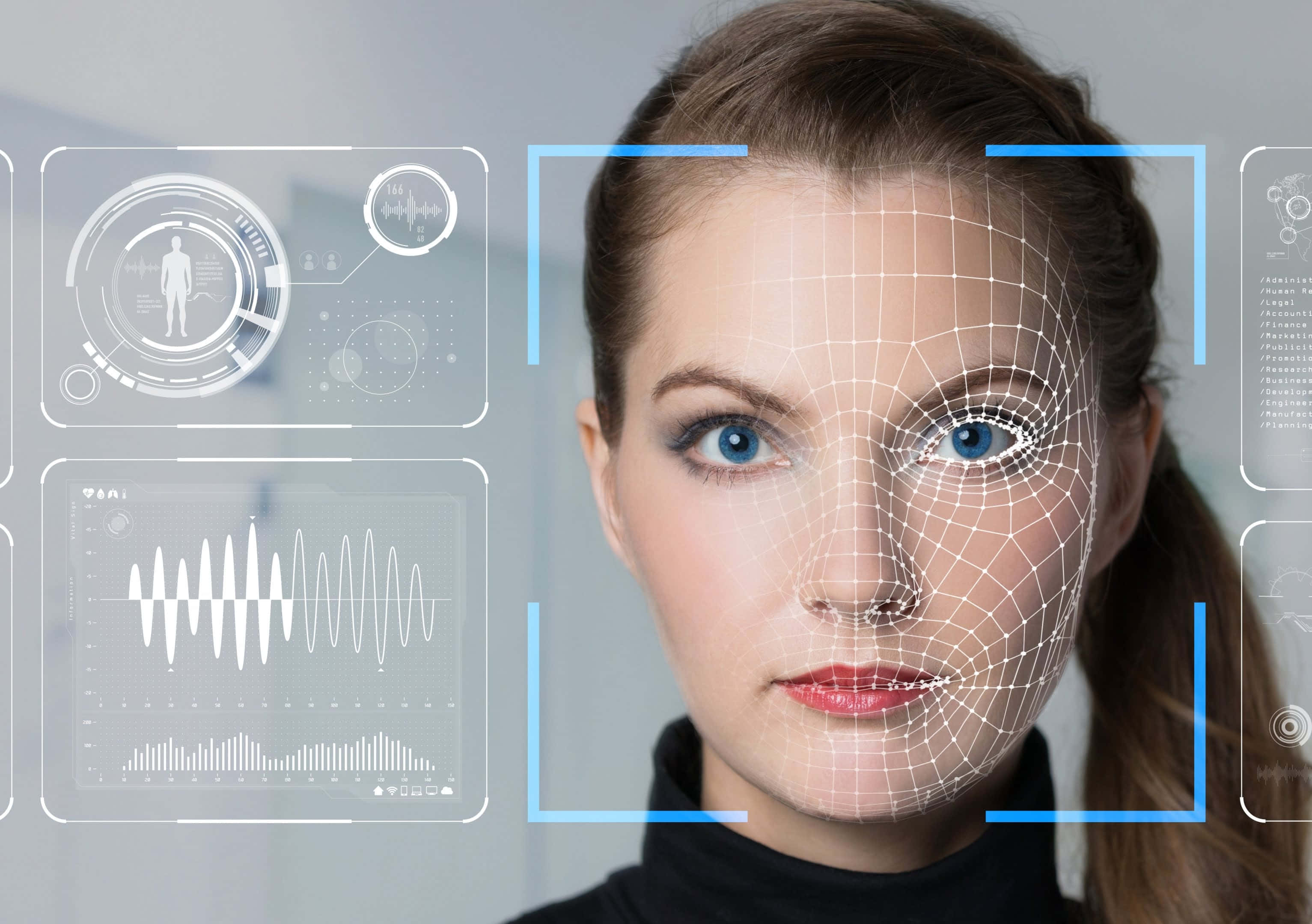 face recognition, futuristic biometric tech, glowing blue outlines, 2K Desktop Wallpaper