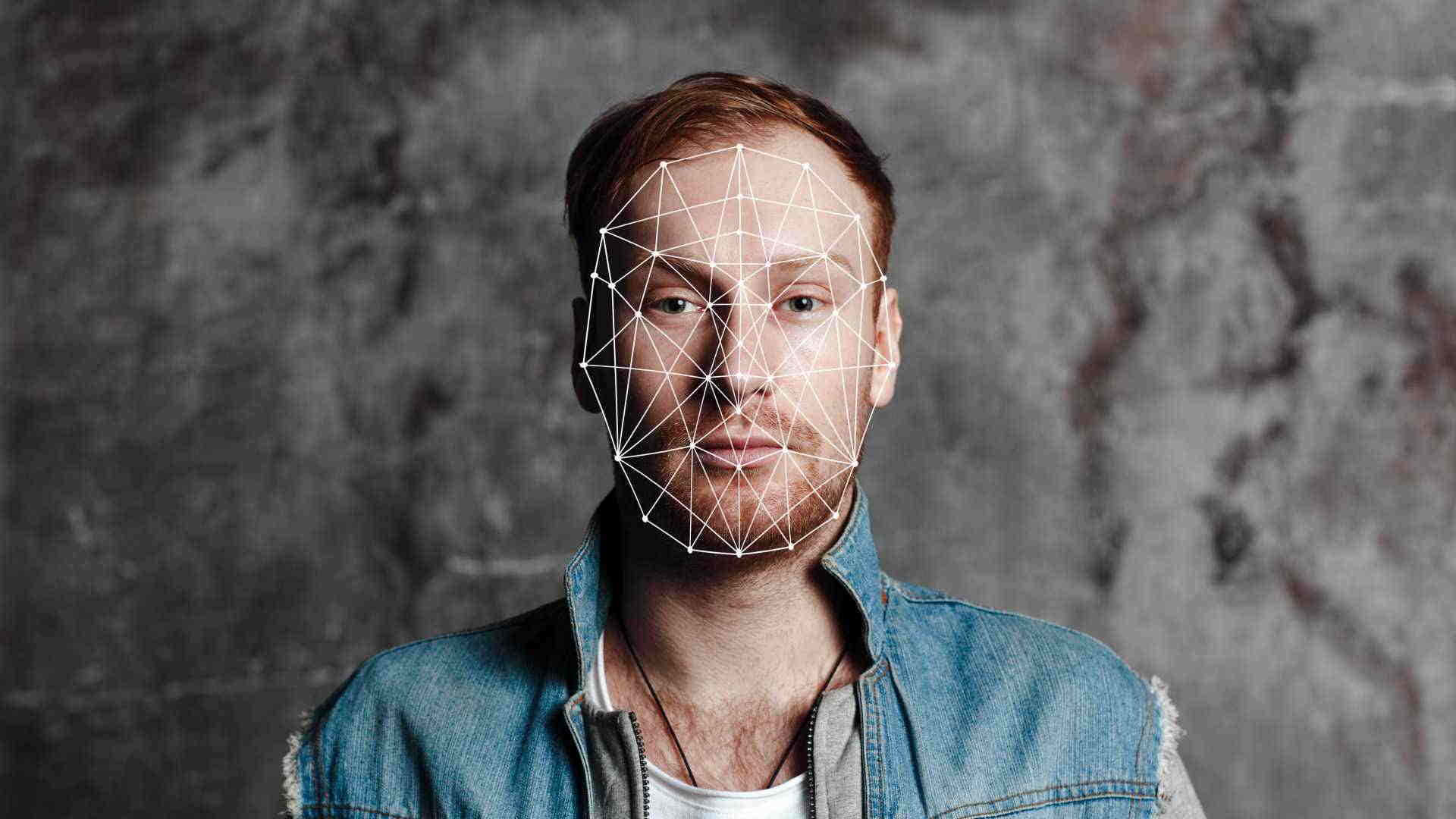 face recognition, geometric wireframe overlay, textured gray wall, Full HD Desktop Wallpaper