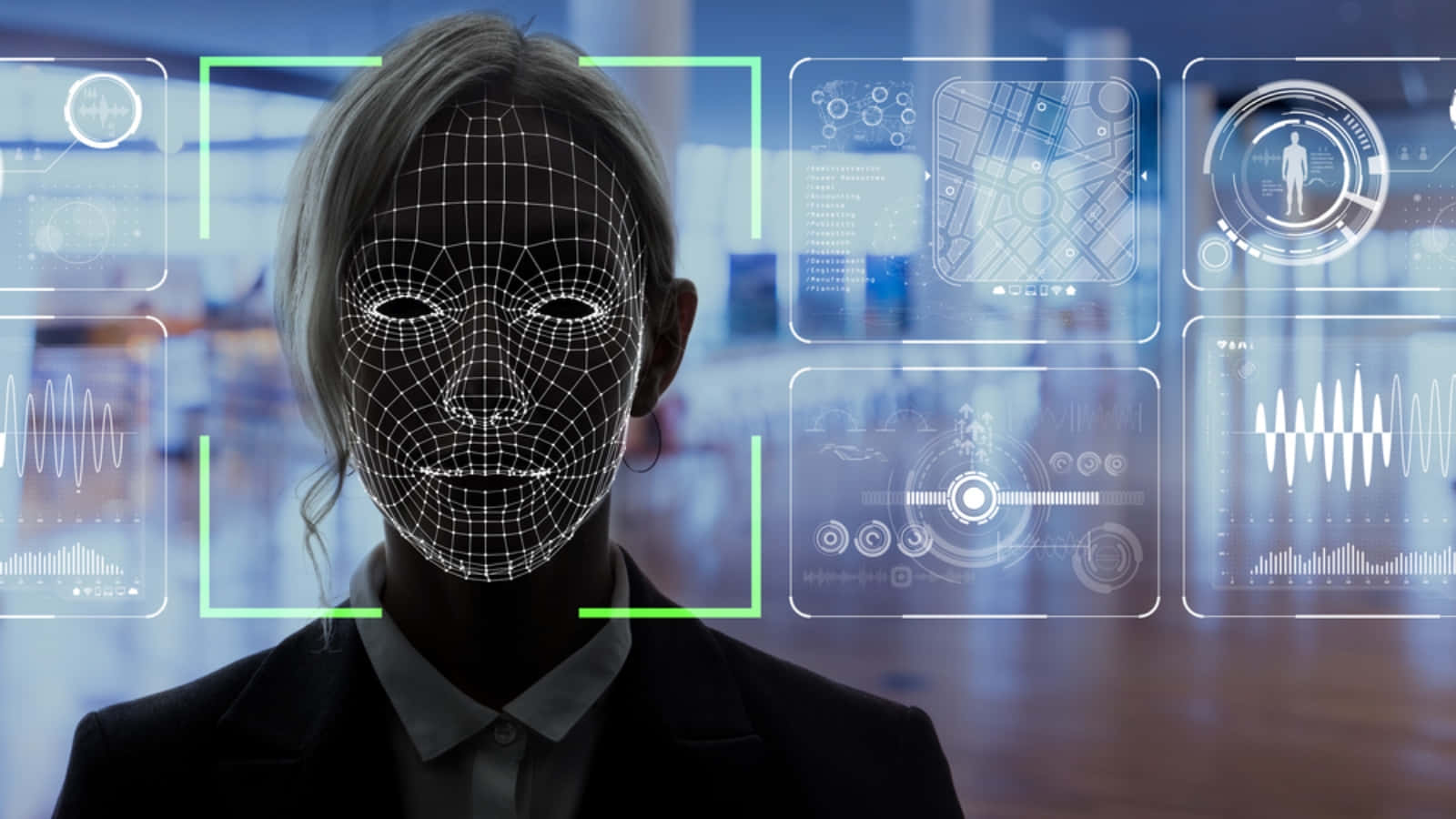 face recognition, digital wireframe face overlay, glowing green scan boxes, HD Desktop Wallpaper