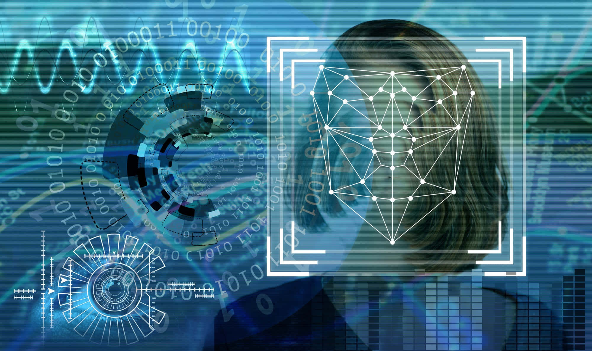 Face Recognition, futuristic digital grid, binary code, Full HD Desktop Wallpaper