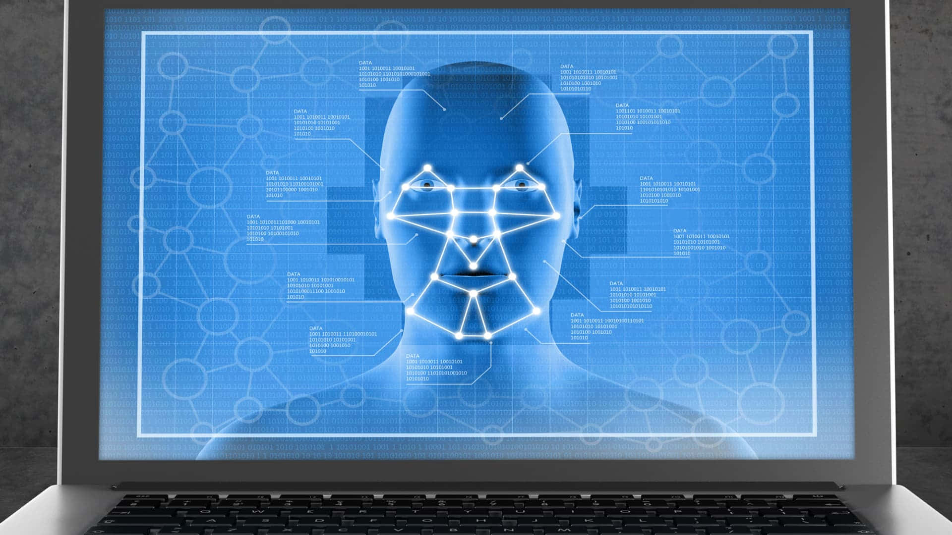 Face Recognition, glowing blue holographic human head, laptop screen, Full HD Desktop Wallpaper