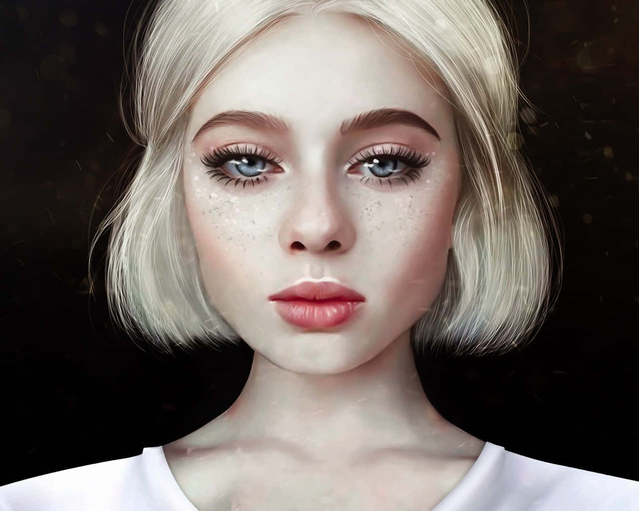platinum blonde bob hair, freckles, dark background, HD Desktop Wallpaper